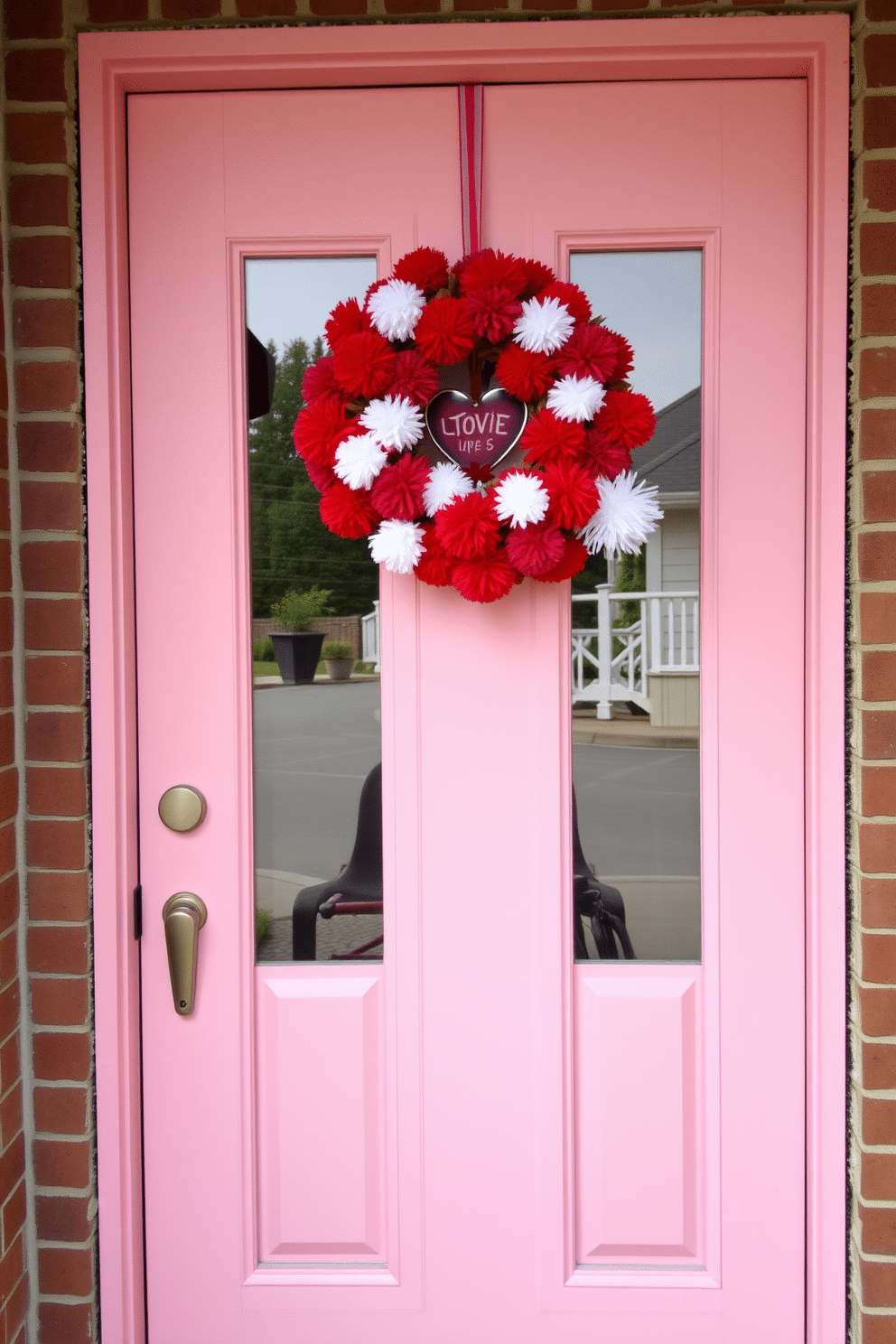 A charming front door adorned for Valentine's Day features a vibrant display of red and white pom-poms hanging from a decorative wreath. The door itself is painted a soft pastel hue, creating a warm and inviting atmosphere that welcomes guests with festive cheer.