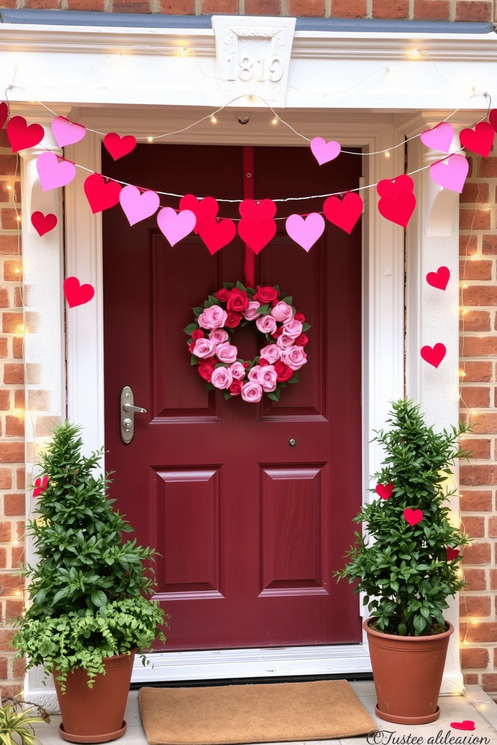 A charming front door adorned with heart-patterned bunting creates a welcoming atmosphere for Valentine's Day. The bunting features vibrant red and pink hearts strung together, fluttering gently in the breeze, while a festive wreath made of faux roses hangs prominently on the door. Flanking the entrance, potted plants with lush greenery add a touch of freshness and warmth. Soft, twinkling fairy lights are wrapped around the doorframe, casting a romantic glow that invites guests to celebrate the season of love.