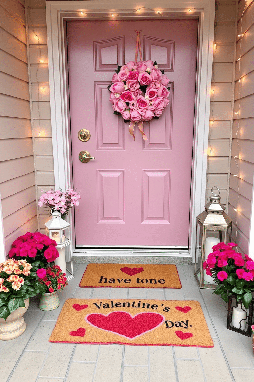 A charming Valentine's themed door mat welcomes guests with a playful heart design in shades of pink and red. Surrounding the mat, potted flowers in vibrant hues and decorative lanterns create a warm and inviting entrance. The front door is adorned with a festive wreath made of faux roses and delicate ribbons, adding a romantic touch. Soft fairy lights frame the doorway, enhancing the cozy atmosphere for Valentine's Day celebrations.