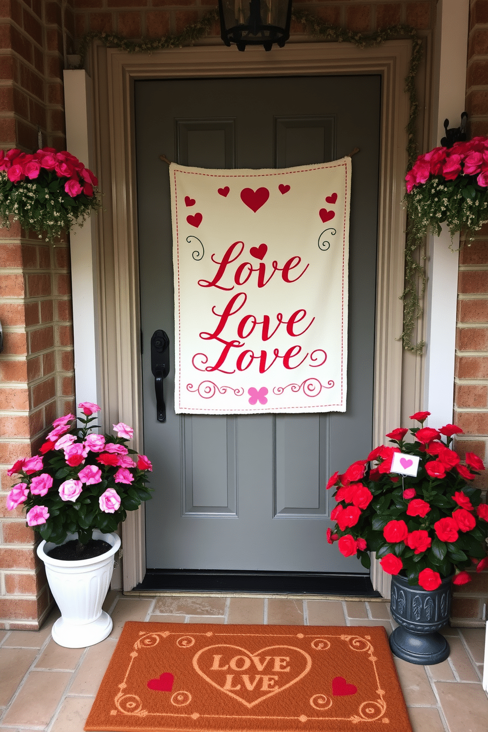 A charming front door adorned with a love-themed banner welcomes guests with warmth and cheer. The banner features elegant script in red and pink hues, surrounded by heart motifs, perfectly complementing the seasonal decor. Flanking the door, potted plants with vibrant blooms add a touch of life and color. A cozy doormat with a heart design invites visitors to step inside, enhancing the festive atmosphere.