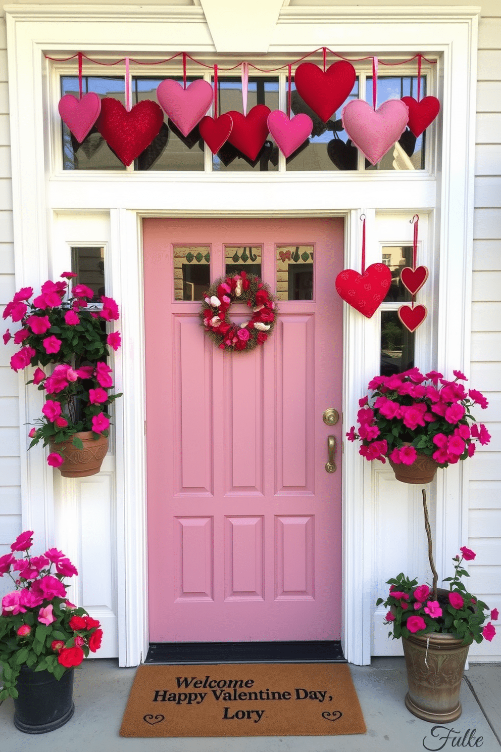 A charming front door adorned with heart-shaped ornaments creates a warm and inviting atmosphere for Valentine's Day. The door is painted a soft pastel color, and hanging from the top are multiple heart-shaped decorations made of various materials, including felt and wood, in shades of pink and red. Flanking the door are potted plants with vibrant blooms, adding a touch of life and color to the entrance. A welcome mat with a playful Valentine's Day message completes the festive look, inviting guests to step inside and celebrate the season of love.