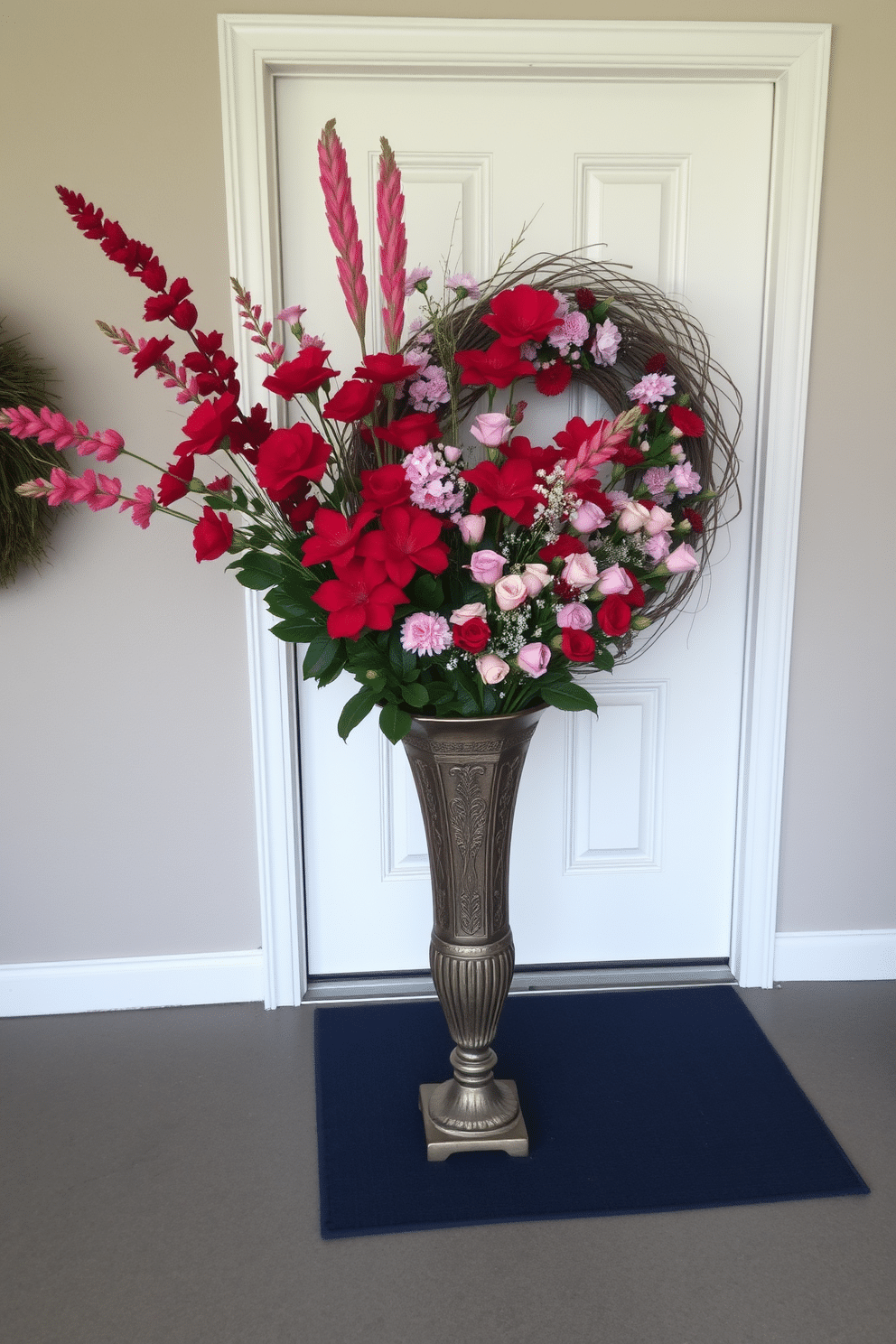 A vibrant floral arrangement featuring red and pink blooms is elegantly displayed in a decorative vase at the entrance. The front door is adorned with a festive wreath made of intertwined branches and fresh flowers, creating a warm and inviting atmosphere for Valentine's Day.