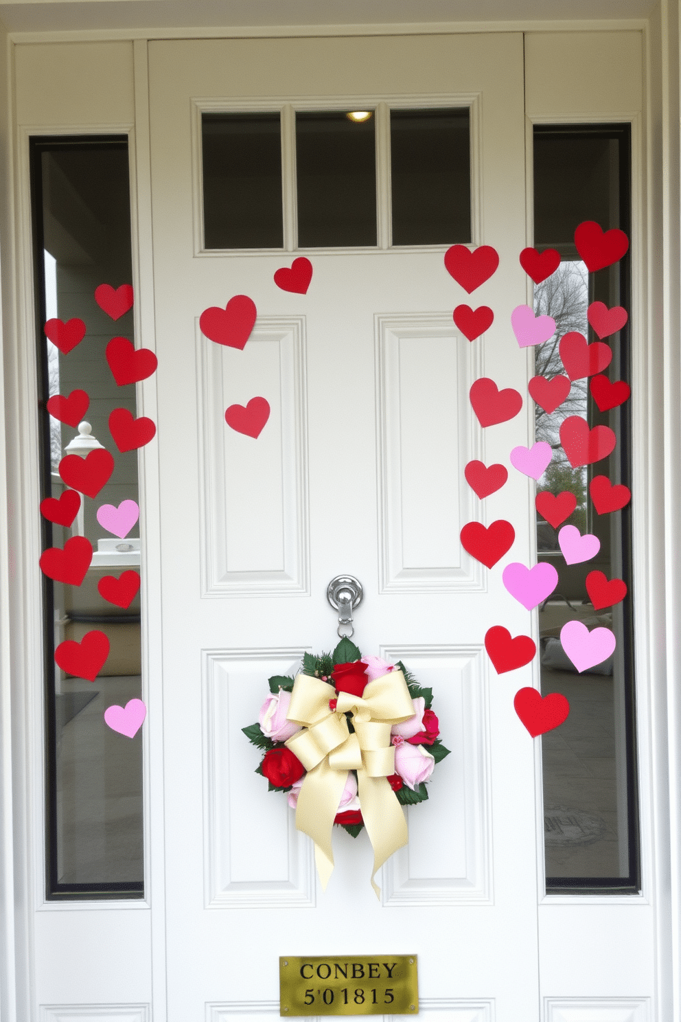 A charming front door adorned with Valentine's Day themed decals, featuring heart shapes in various shades of red and pink. The decals are playfully arranged to create a festive and inviting atmosphere, complemented by a wreath made of faux roses and a cheerful bow.