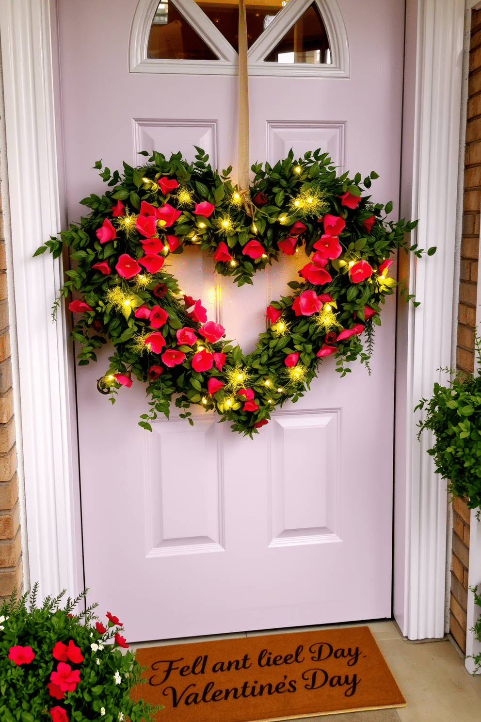 A charming front door adorned with a heart-shaped wreath made of lush greenery and delicate red flowers, twinkling fairy lights woven throughout. The door is painted a soft pastel color, and a welcome mat with a festive Valentine's Day message sits beneath it, enhancing the inviting atmosphere.