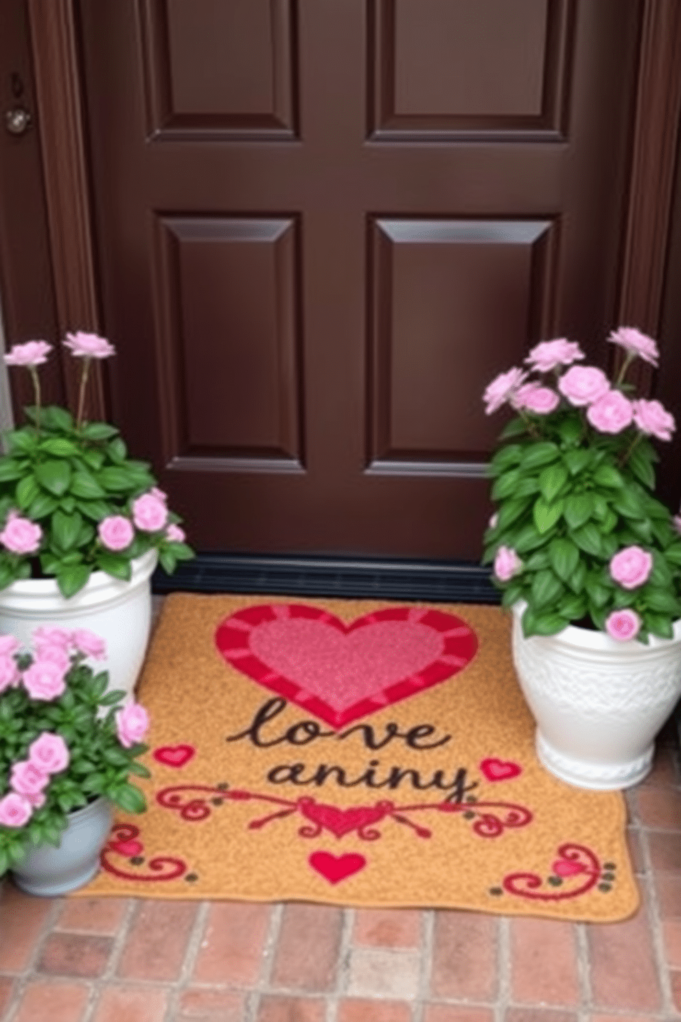 A charming front door rug featuring a heart design in vibrant red and pink hues welcomes guests with a love-themed message. Surrounding the rug, potted plants with lush greenery and pink blooms create a warm and inviting entrance, perfect for celebrating Valentine's Day.