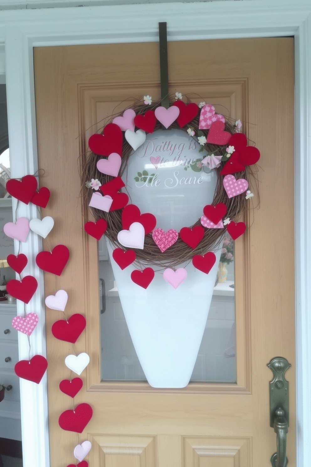 A charming front door adorned with a heart-shaped garland, featuring an array of red, pink, and white hearts crafted from felt and fabric. The garland gracefully drapes across the door, complemented by a rustic wreath made of twigs and accented with delicate artificial flowers.