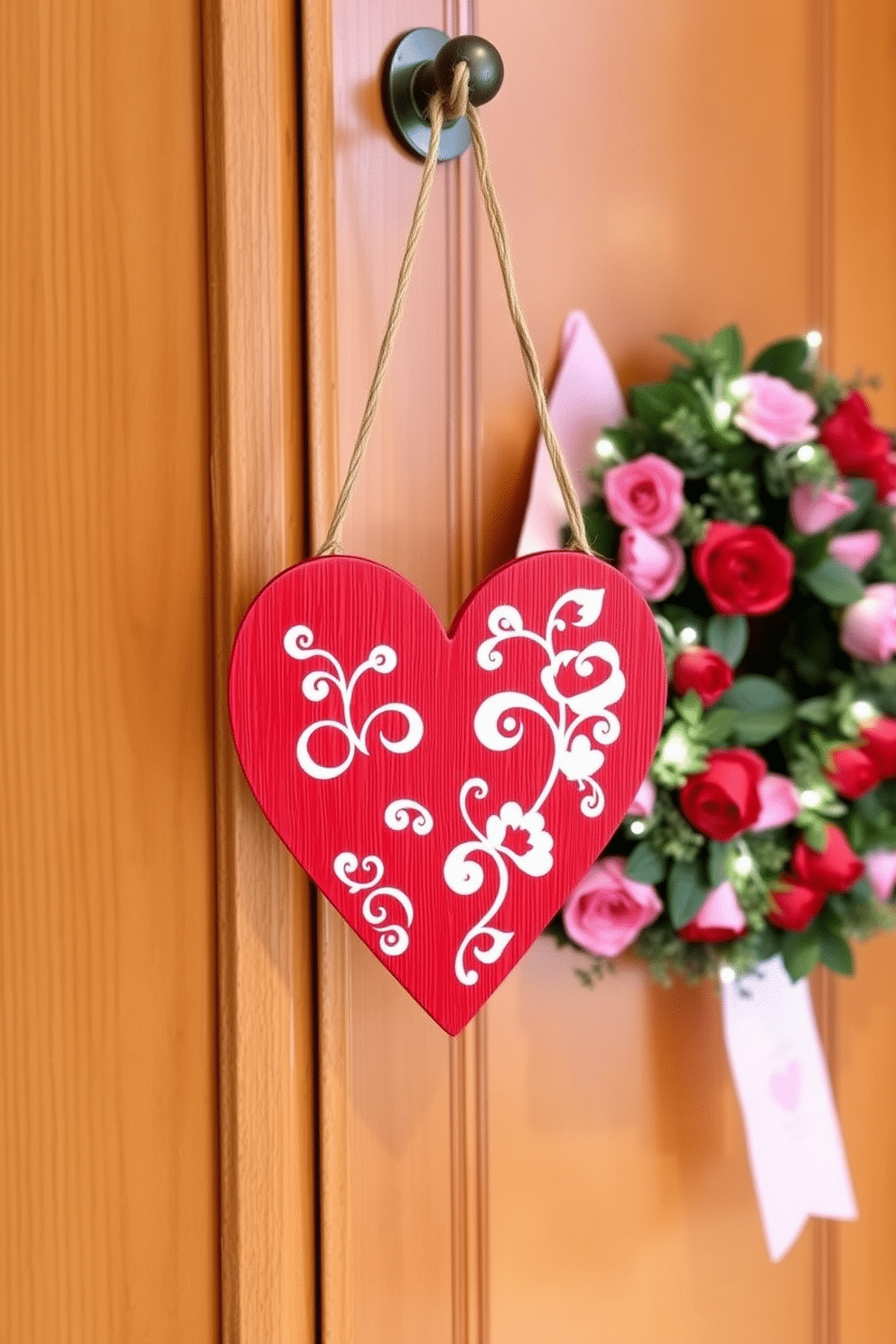 A charming heart-shaped door hanger is crafted from natural wood, painted in a vibrant red hue with intricate white floral designs. It elegantly dangles from a rustic jute twine, welcoming guests with a touch of warmth and love. The front door is adorned with a festive Valentine's Day wreath made of faux roses and greenery, creating a romantic atmosphere. Soft fairy lights are woven through the wreath, adding a gentle glow that enhances the inviting feel of the entrance.