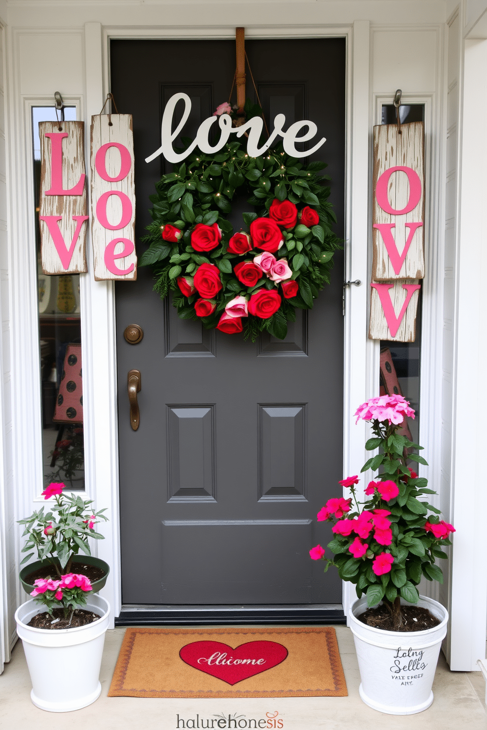 A charming front door adorned with hanging wooden love signs creates a warm welcome for Valentine's Day. The rustic signs, painted in soft pink and white hues, are complemented by a lush green wreath featuring red roses and delicate fairy lights. Flanking the door, two potted plants with vibrant blooms add life and color to the entryway. A cozy doormat with a heart design invites guests to step inside and enjoy the festive atmosphere.