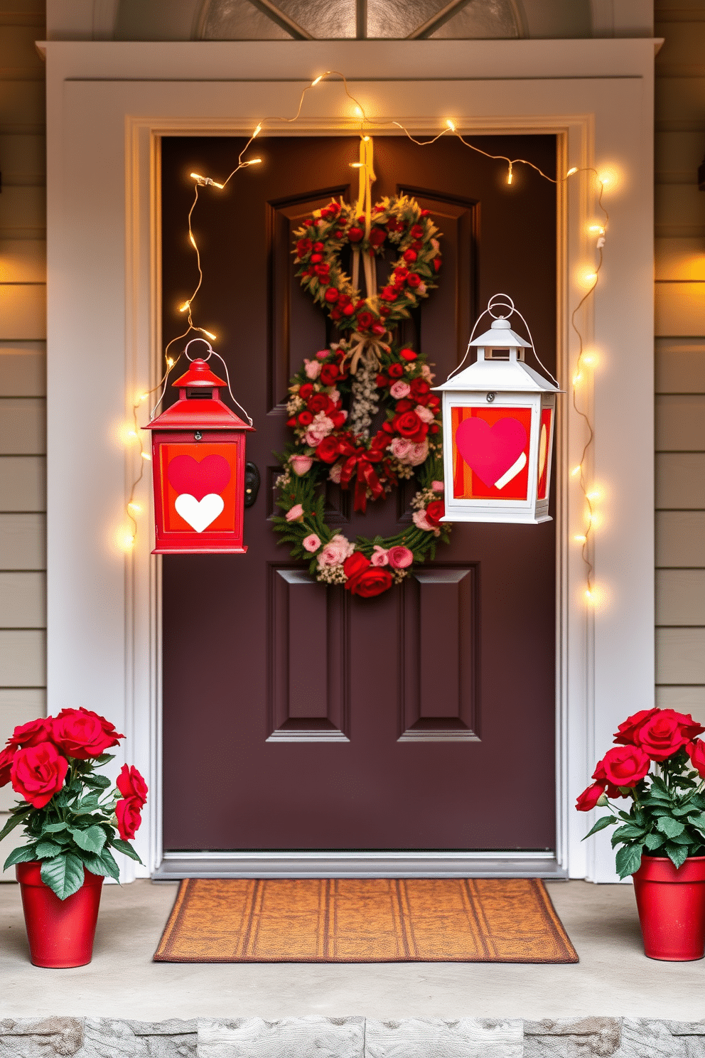 A charming front door adorned with Valentine's themed lanterns creates a warm and inviting atmosphere. The lanterns are crafted from red and white metal, featuring heart cutouts that cast playful shadows on the porch. Flanking the door, a pair of potted red roses add a romantic touch, while a heart-shaped wreath hangs gracefully on the door. Soft fairy lights entwined around the lanterns enhance the festive ambiance, making the entrance feel cozy and welcoming.