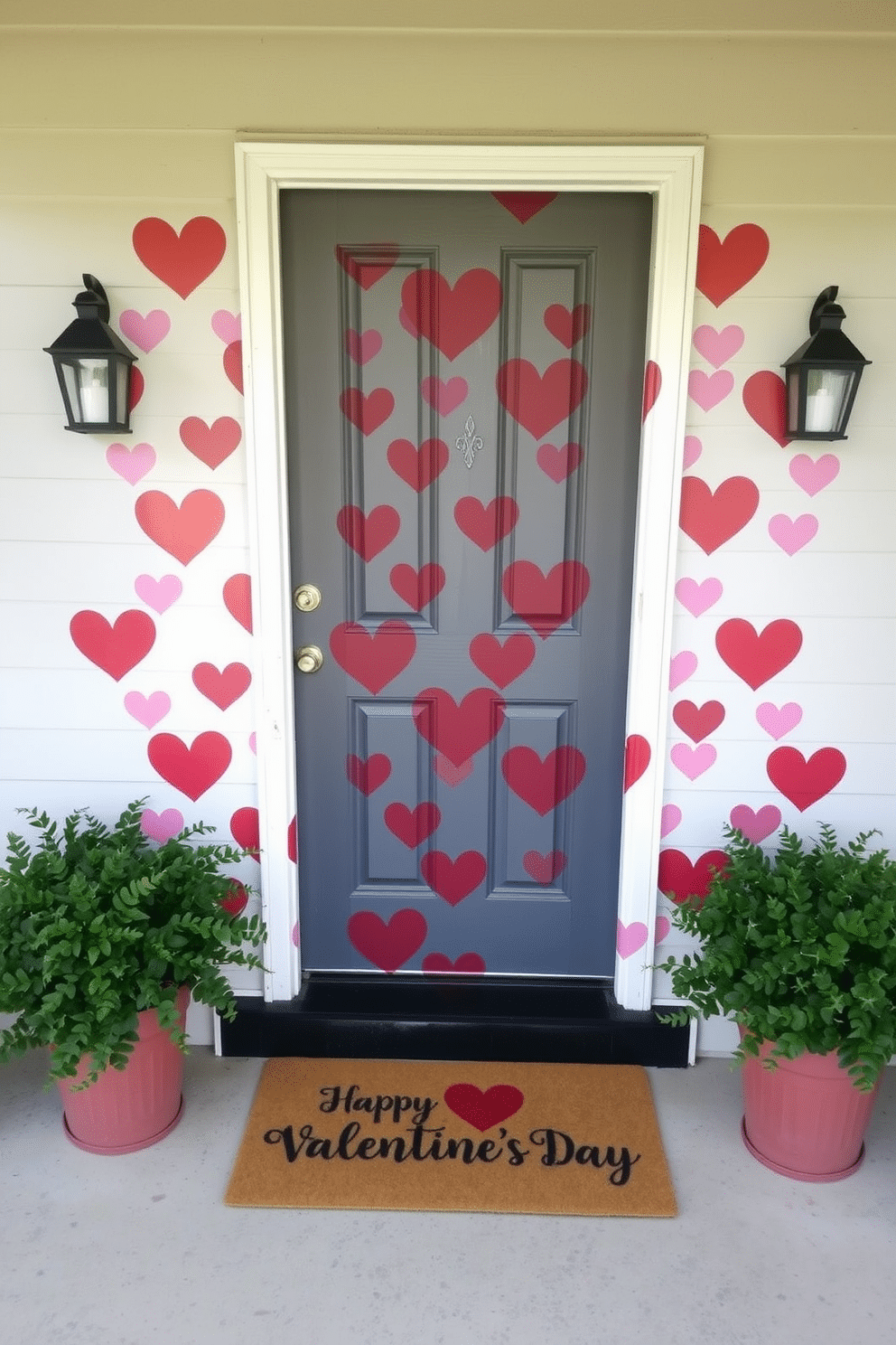 A charming front door adorned with a heart-patterned wrap, featuring vibrant red and pink hearts set against a soft white background. Flanking the door are potted plants with lush greenery, and a welcome mat with a festive Valentine's Day message adds a cheerful touch.