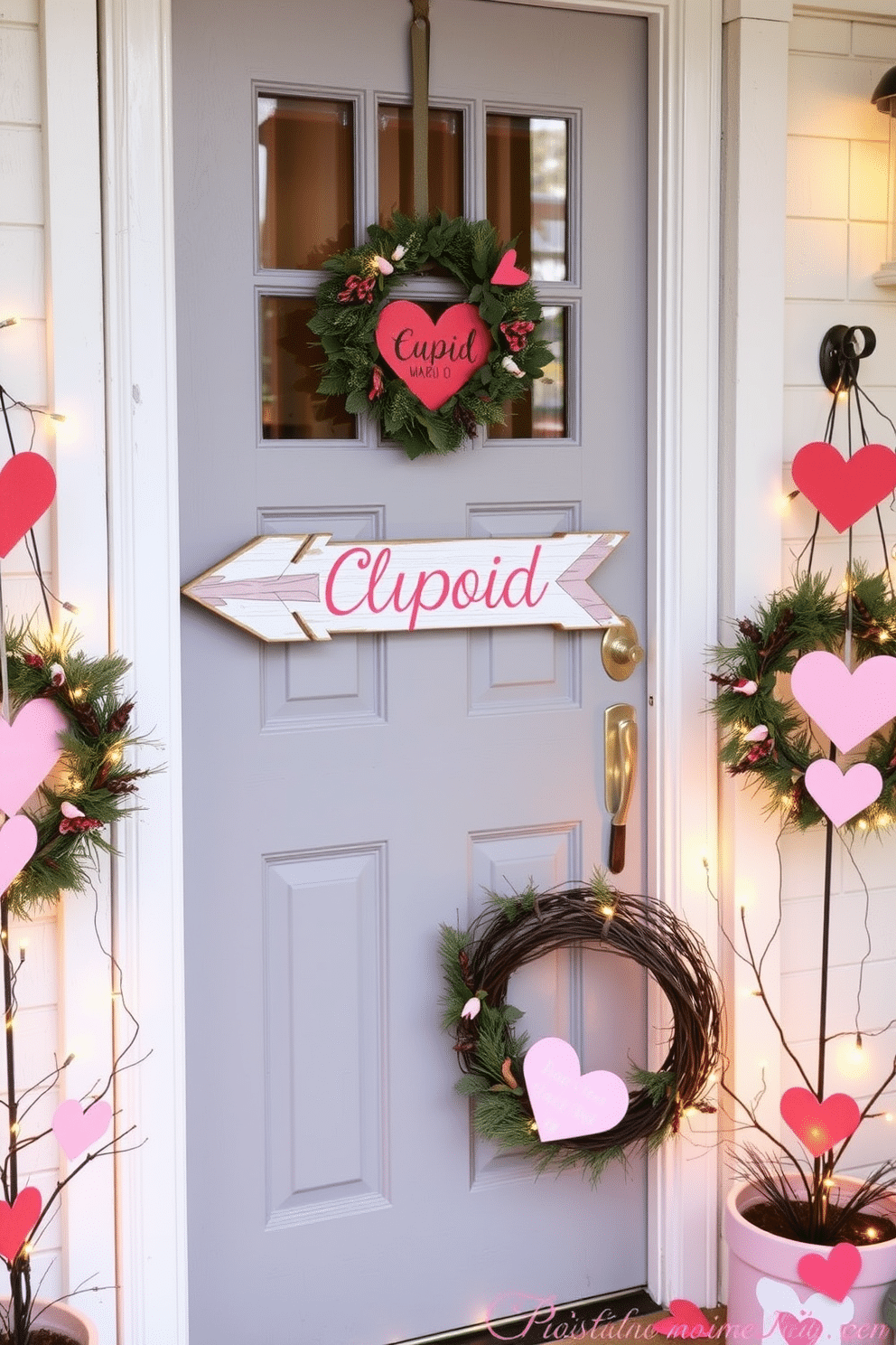 A charming front door adorned with a Cupid arrow door hanger, crafted from rustic wood and painted in soft pastel colors. Surrounding the door, a festive display of heart-shaped wreaths and delicate fairy lights creates a warm and inviting atmosphere for Valentine's Day.