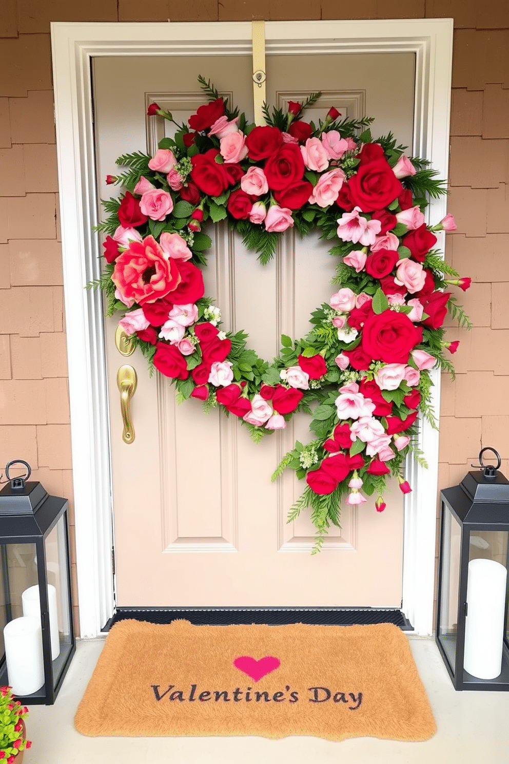 A charming front door adorned with a floral heart wreath, featuring an array of vibrant red and pink blooms intertwined with lush green foliage. The wreath is complemented by a soft, inviting doormat and decorative lanterns on either side, creating a warm and festive entryway for Valentine's Day.