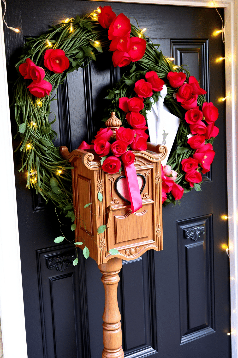 A charming love letter mailbox sits at the entrance, crafted from vintage wood with intricate carvings and a heart-shaped cutout for letters. The mailbox is adorned with delicate red roses and a satin ribbon, creating a romantic focal point for Valentine's Day. The front door is beautifully decorated with a lush wreath made of intertwined greenery and vibrant red blooms, welcoming guests with warmth. Soft fairy lights are draped around the doorframe, adding a magical touch to the Valentine's Day ambiance.