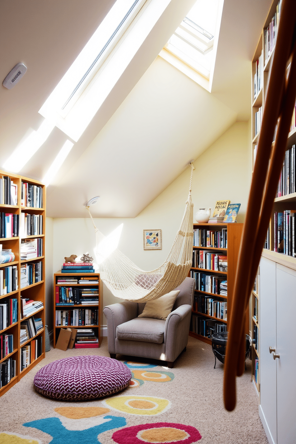 Cozy reading nook with skylights. A plush armchair sits in the corner, surrounded by tall bookshelves filled with novels, while soft, natural light pours in through the skylights above. Fun Attic Room Design Ideas. Bright, whimsical colors adorn the walls, and a playful hammock is suspended from the ceiling, creating a unique space for relaxation and creativity.