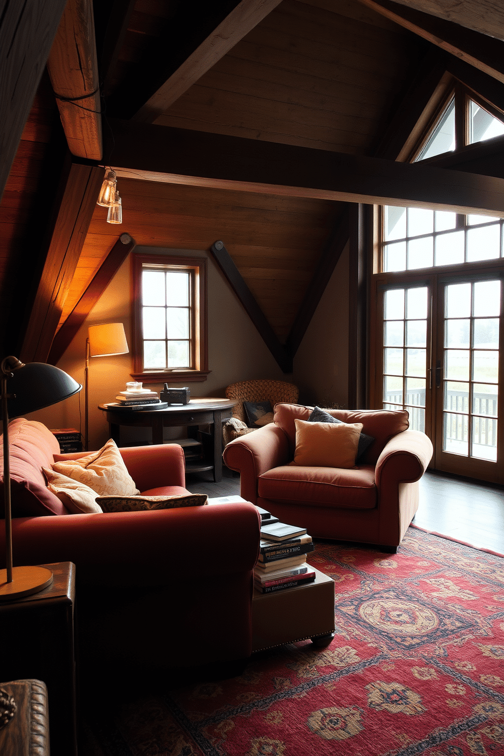 A vintage-inspired attic lounge featuring plush, oversized seating in rich, warm fabrics. The space is adorned with exposed wooden beams and a cozy area rug, creating an inviting atmosphere. In one corner, a retro-style floor lamp casts a warm glow over a collection of books stacked on a reclaimed wood side table. Soft, ambient lighting enhances the charm of the room, while large windows allow natural light to filter in, offering a view of the surrounding landscape.