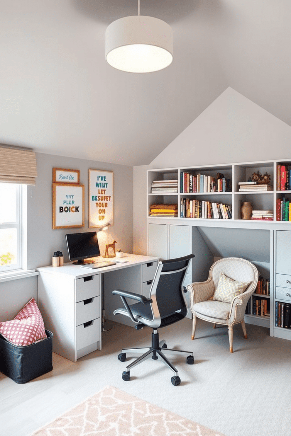 A functional homework area featuring a sleek, modern desk with ample storage space and an ergonomic chair for comfort. The walls are painted in a soft gray, with colorful artwork and motivational quotes adorning them, creating an inspiring atmosphere for studying. An inviting attic room designed as a playful retreat, with cozy nooks filled with cushions and a whimsical color palette of pastel shades. A small reading corner is highlighted by a vintage armchair, surrounded by bookshelves filled with an eclectic mix of books and decorative items.