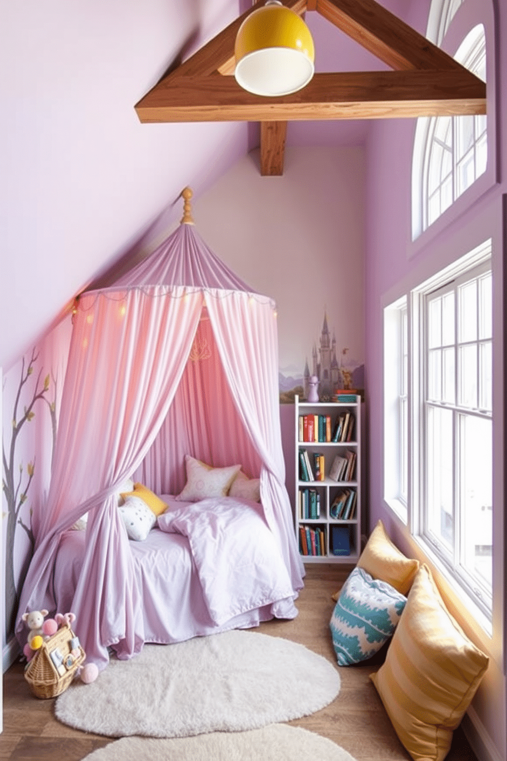 A whimsical fairy tale-themed kids' room featuring a canopy bed draped with pastel-colored fabrics, surrounded by walls painted in soft lavender. A mural of enchanted forests and castles adorns one wall, while plush toys and fairy lights create a magical atmosphere. Fun attic room design ideas showcasing a cozy reading nook with oversized cushions and a small bookshelf filled with colorful children's books. Exposed beams and large windows provide natural light, while a playful color palette of bright yellows and blues adds a cheerful touch.