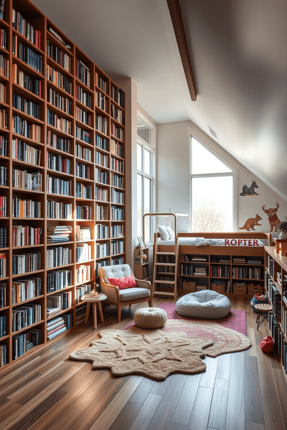 A modern library featuring floor-to-ceiling bookshelves filled with a diverse collection of books. The space is illuminated by large windows that allow natural light to flood in, highlighting a cozy reading nook with a plush armchair and a small side table. An imaginative attic room designed as a playful retreat for children. The room includes colorful wall murals, a built-in loft bed, and a cozy play area with soft rugs and bean bags, creating a whimsical atmosphere for creativity and fun.