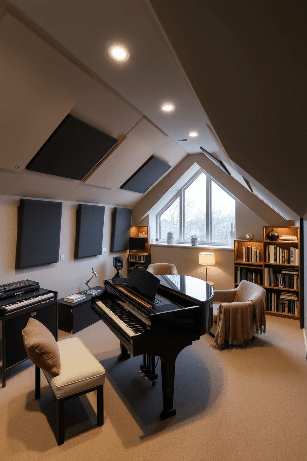 A sleek music room featuring soundproofing panels on the walls and ceiling, ensuring an immersive audio experience. The space includes a modern grand piano in a glossy black finish, surrounded by plush seating and acoustic treatment decor. An inviting attic room designed for relaxation and creativity, with sloped ceilings and large windows that let in natural light. The room is furnished with a cozy reading nook, complete with a built-in bookshelf and a comfortable armchair draped in soft textiles.