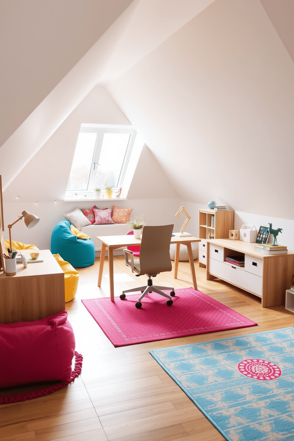 A minimalist workspace featuring sleek, modern furniture. The desk is a simple, elegant design made of light wood, paired with a comfortable ergonomic chair in a neutral color. The walls are painted in a soft white, enhancing the airy feel of the space. A large window allows natural light to flood in, illuminating a few carefully chosen decorative items on the desk. --- A fun attic room designed for relaxation and creativity. The space is filled with colorful bean bags and a cozy reading nook by the window, adorned with soft cushions and fairy lights. Brightly patterned rugs add warmth to the wooden floor, while playful wall art brings personality to the room. A small desk in one corner provides a perfect spot for crafting or studying.