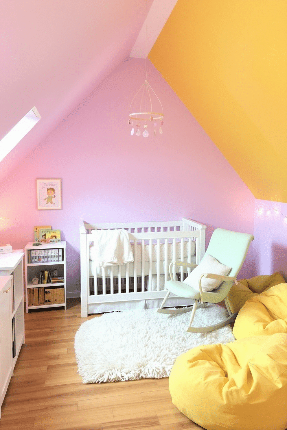 A charming nursery featuring soft pastel colors. The walls are painted in a gentle lavender hue, complemented by a white crib adorned with plush bedding. The room includes a cozy rocking chair in a light mint green, positioned next to a small bookshelf filled with colorful children's books. A whimsical mobile hangs from the ceiling, while a plush area rug adds warmth to the wooden floor. For fun attic room design ideas, envision a playful space with bright, bold colors and creative storage solutions. The sloped ceilings are painted in a cheerful yellow, and a cozy reading nook is created with bean bags and fairy lights.