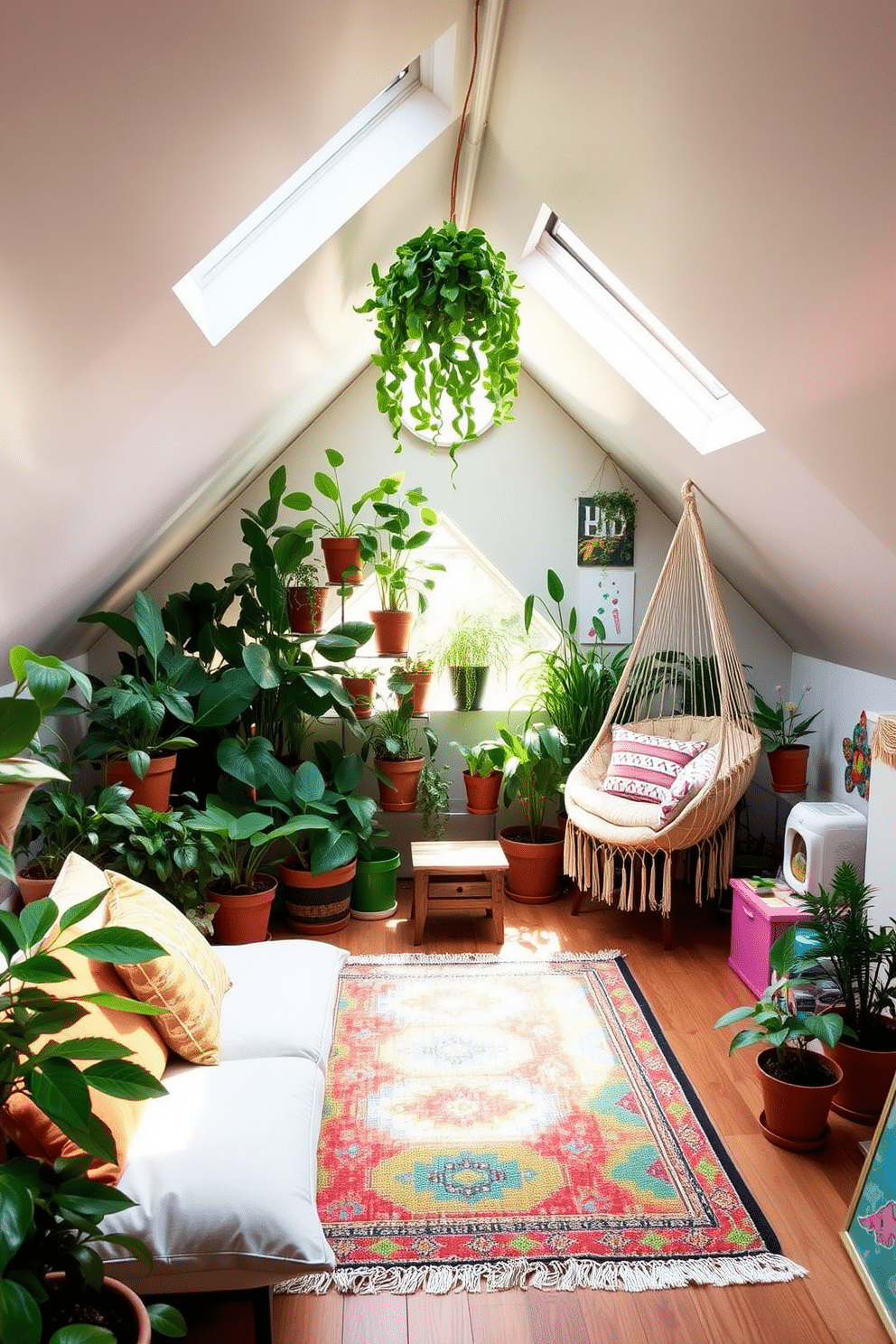 A serene outdoor-inspired attic garden filled with lush greenery, featuring potted plants of various sizes and textures. Sunlight filters through skylights, illuminating a cozy seating area with comfortable cushions and a small wooden table. A playful attic room design that incorporates vibrant colors and whimsical decor. The space includes a hammock chair, a colorful rug, and wall art that reflects a sense of adventure and creativity.