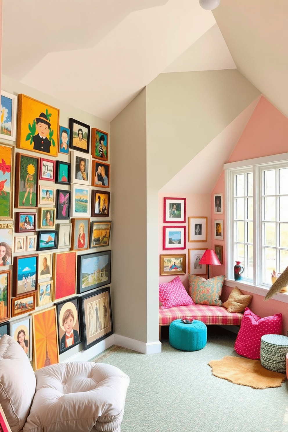 A vibrant art gallery wall filled with an eclectic mix of colorful paintings and framed photographs. The wall features a variety of sizes and styles, creating a dynamic visual experience that draws the eye. A whimsical attic room designed for creativity and relaxation. The space includes cozy nooks with plush seating, a playful color palette, and large windows that invite natural light, making it an ideal retreat for artistic pursuits.