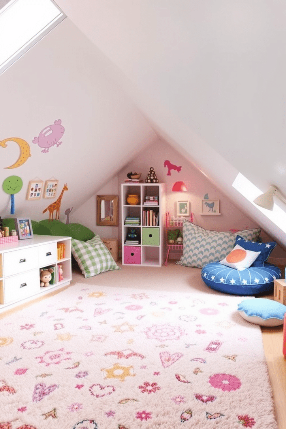 A playful kids' playroom filled with vibrant decor. The walls are adorned with whimsical murals, and a soft, multicolored rug covers the floor, providing a cozy space for play. Fun attic room design ideas featuring a cozy reading nook. The sloped ceilings are painted in a light pastel shade, while oversized cushions and a small bookshelf create an inviting atmosphere for relaxation and creativity.