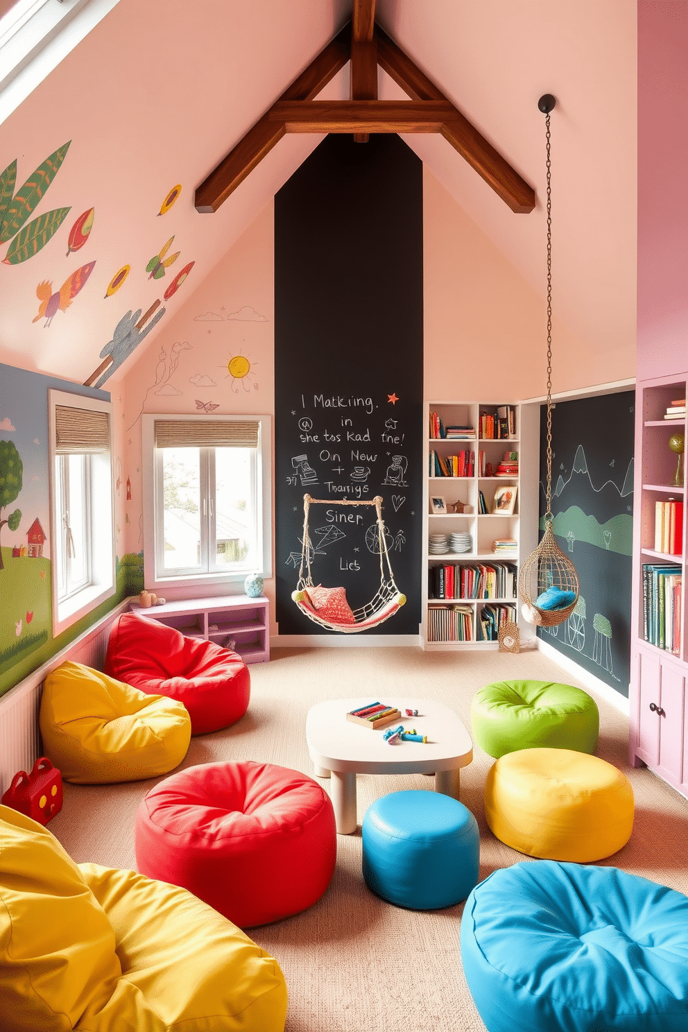 Bright playroom with interactive wall features. The room is filled with colorful furniture, including bean bags and a low table for games. Bright murals adorn the walls, depicting whimsical scenes that inspire creativity. An interactive chalkboard wall allows children to draw and write freely, enhancing their imaginative play. Fun attic room design ideas. The space features cozy nooks with built-in bookshelves, perfect for reading and relaxation. Large windows invite natural light, while a playful color palette of pastels creates a cheerful atmosphere. A hanging swing chair adds a fun element, making the attic a delightful retreat for all ages.