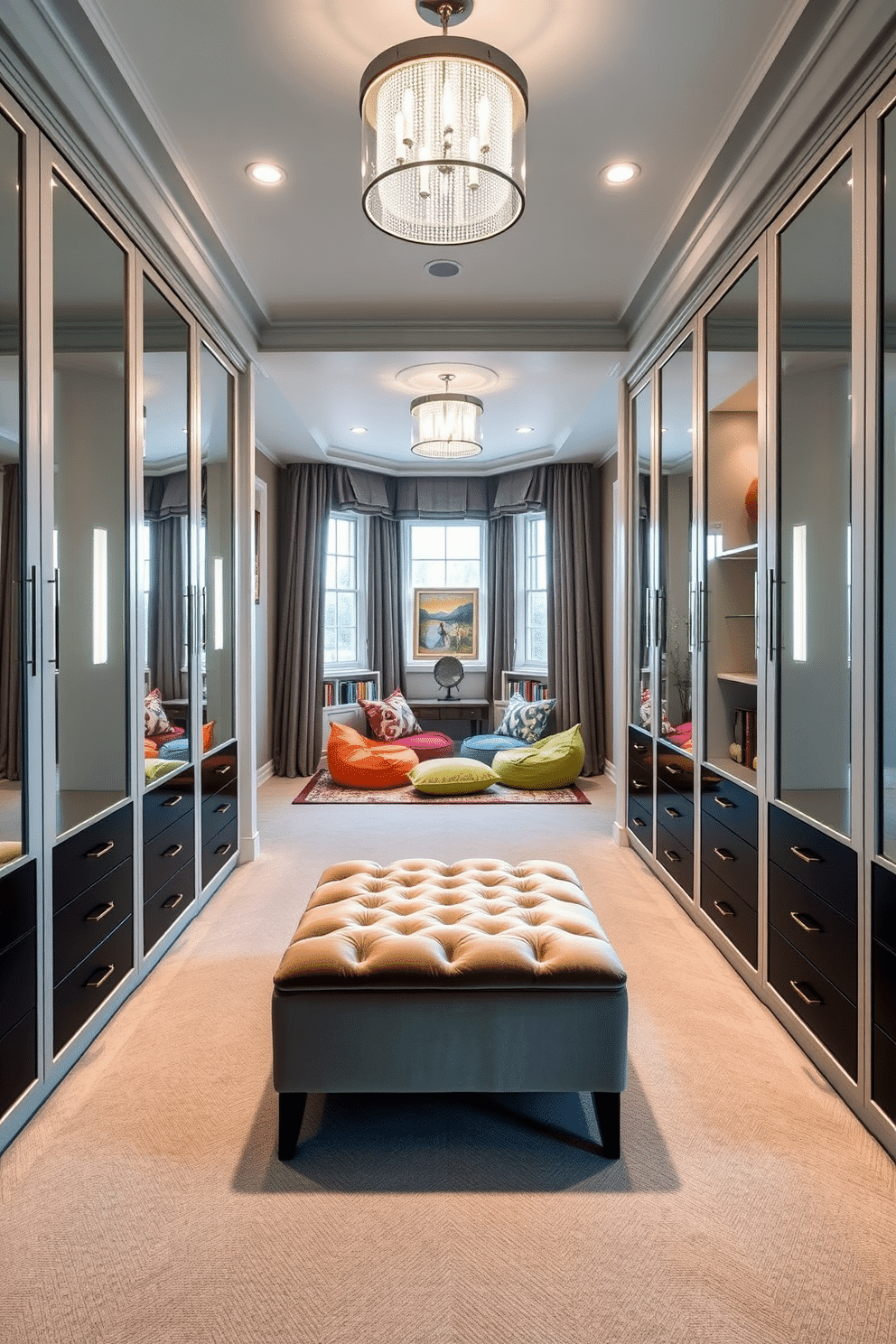 Elegant dressing room with full-length mirrors. The space features a plush velvet bench in the center, surrounded by custom cabinetry with soft-close drawers and elegant lighting. Fun attic room design ideas. The room includes a cozy reading nook with built-in bookshelves, colorful bean bags, and large windows that allow natural light to flood the space.