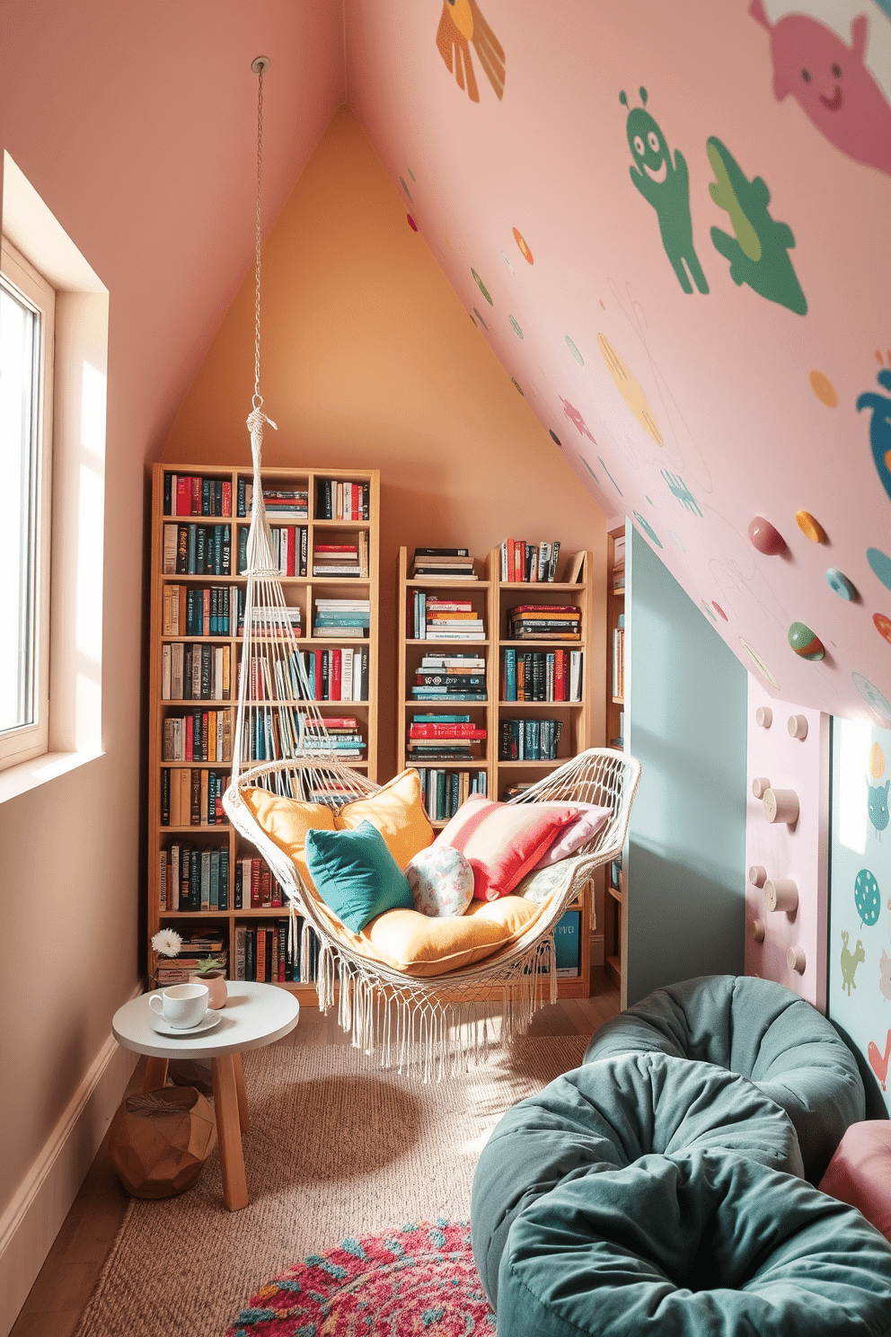 A cozy reading corner bathed in natural light, featuring a suspended hammock draped with soft, colorful cushions. Surrounding the hammock are tall bookshelves filled with an eclectic collection of books, and a small side table holds a steaming cup of tea and a potted plant. An imaginative attic room designed for play and relaxation, with a whimsical color palette of pastel hues. The space includes a cozy nook with bean bags, a small climbing wall, and playful artwork adorning the sloped ceilings to inspire creativity and fun.