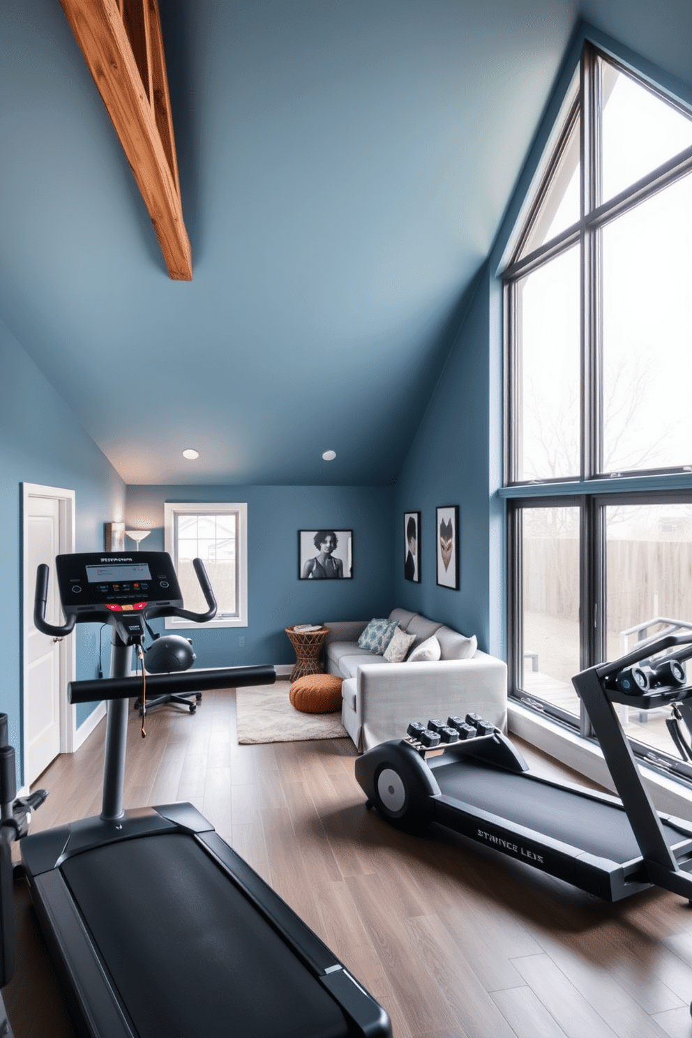 A stylish home gym featuring sleek exercise equipment, including a modern treadmill and a set of free weights. The walls are painted in a calming blue hue, and large windows allow natural light to flood the space, enhancing the energetic atmosphere. An inviting attic room designed as a cozy retreat, complete with a plush sofa and a small reading nook by the window. Exposed wooden beams add character to the space, while soft, warm lighting creates a relaxing ambiance perfect for unwinding.