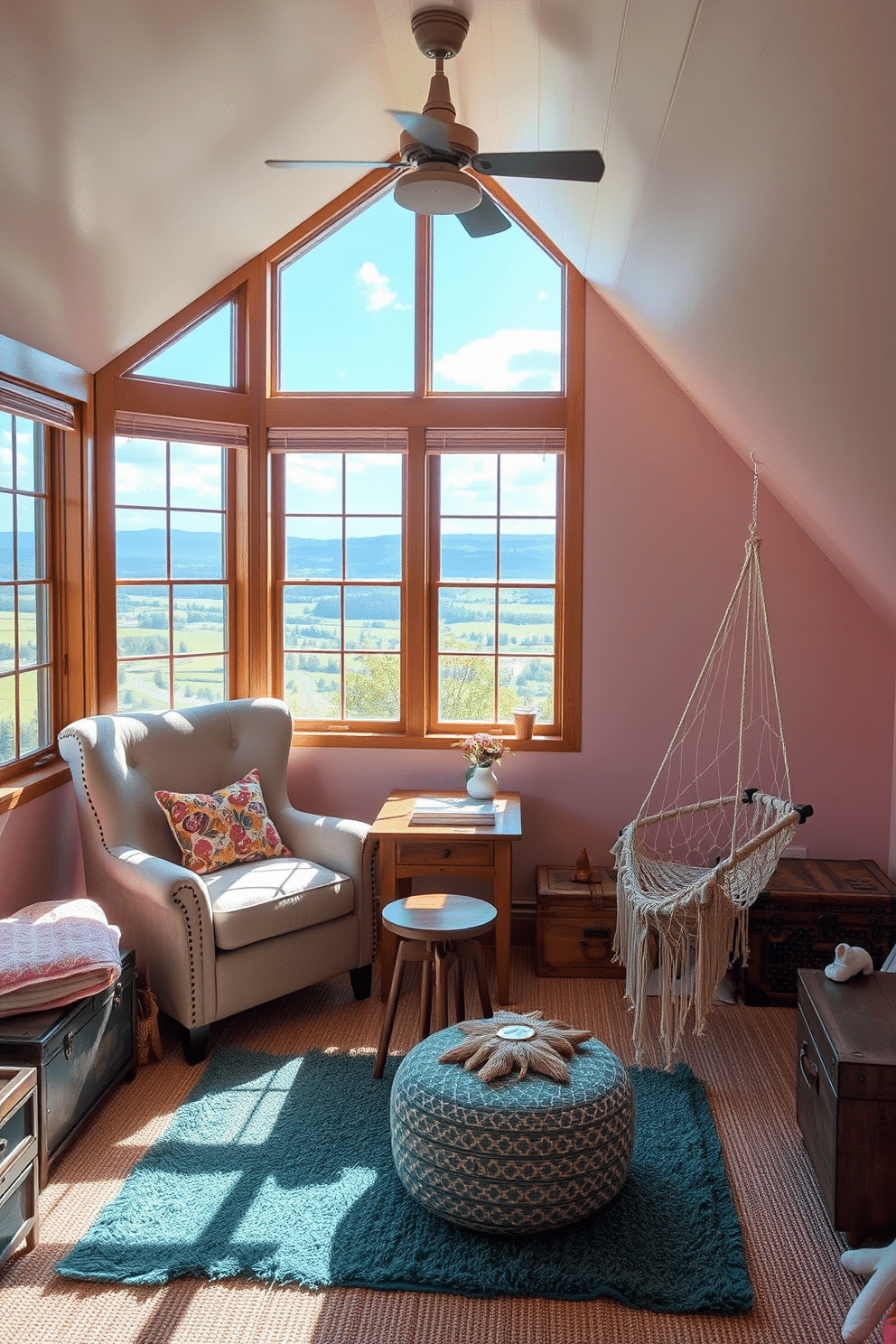 A cozy creative writing nook bathed in natural light. Large windows showcase inspiring views of the surrounding landscape, while a plush armchair and a small wooden desk create an inviting workspace. A whimsical attic room filled with playful design elements. Soft pastel colors adorn the walls, and a collection of unique furniture pieces, including a hammock chair and a vintage trunk, enhance the fun and relaxed atmosphere.