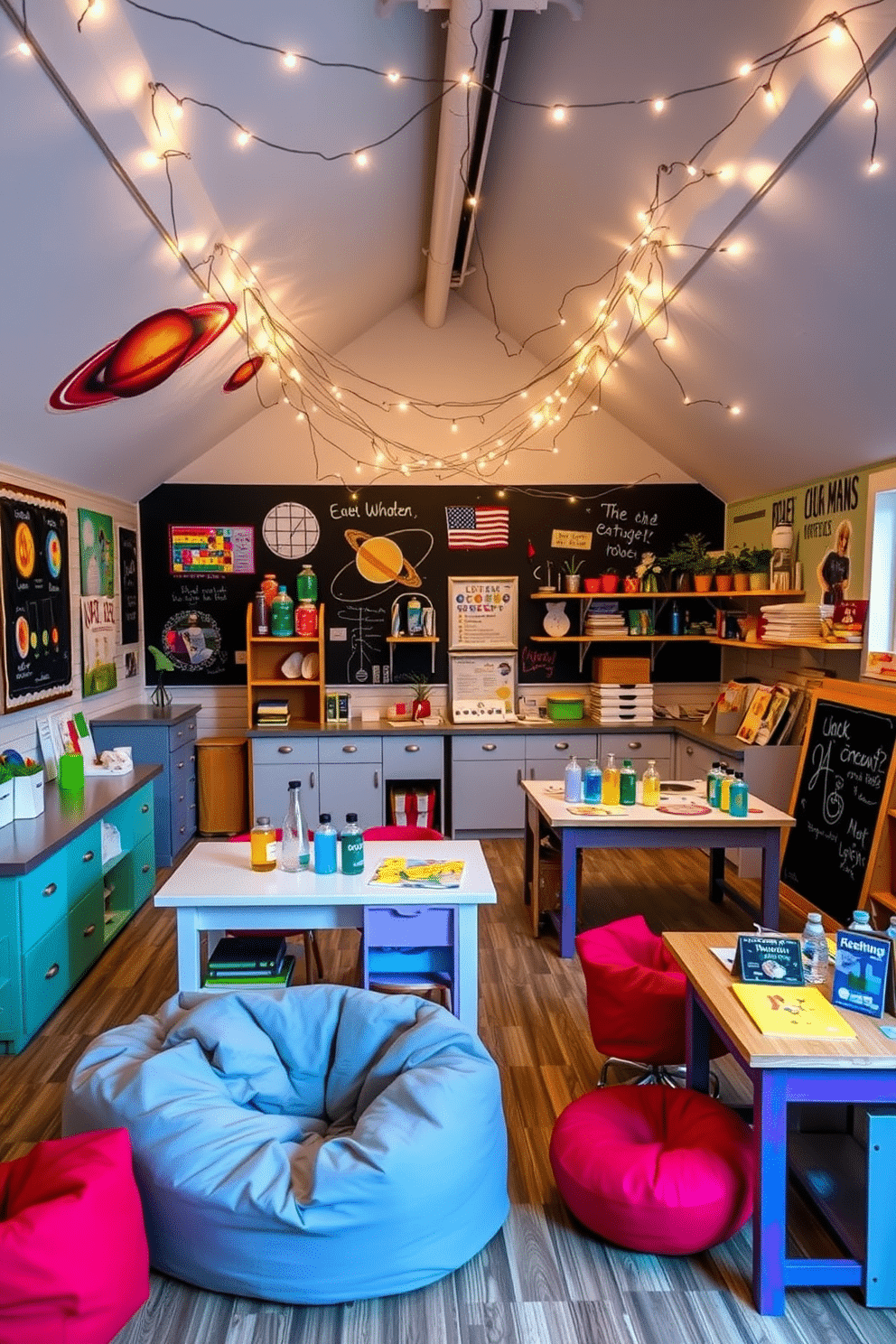 A fun science lab filled with colorful educational decor. The walls are adorned with posters of the solar system and periodic table, while lab tables are equipped with beakers, test tubes, and interactive science kits. A whimsical attic room designed for creativity and play. The space features a cozy reading nook with bean bags, a chalkboard wall for drawing, and whimsical fairy lights strung across the ceiling.