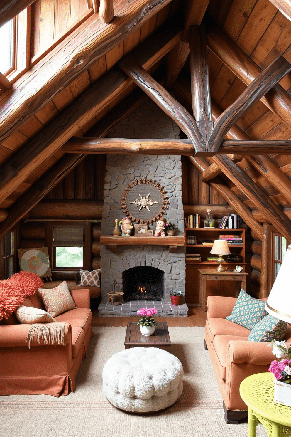 Rustic cabin-style retreat with wood accents. The interior features exposed wooden beams, a stone fireplace, and cozy seating arrangements with plush, earth-toned fabrics. Fun attic room design ideas. The space is filled with vibrant colors, playful furniture, and whimsical decor elements that create a cheerful and inviting atmosphere.