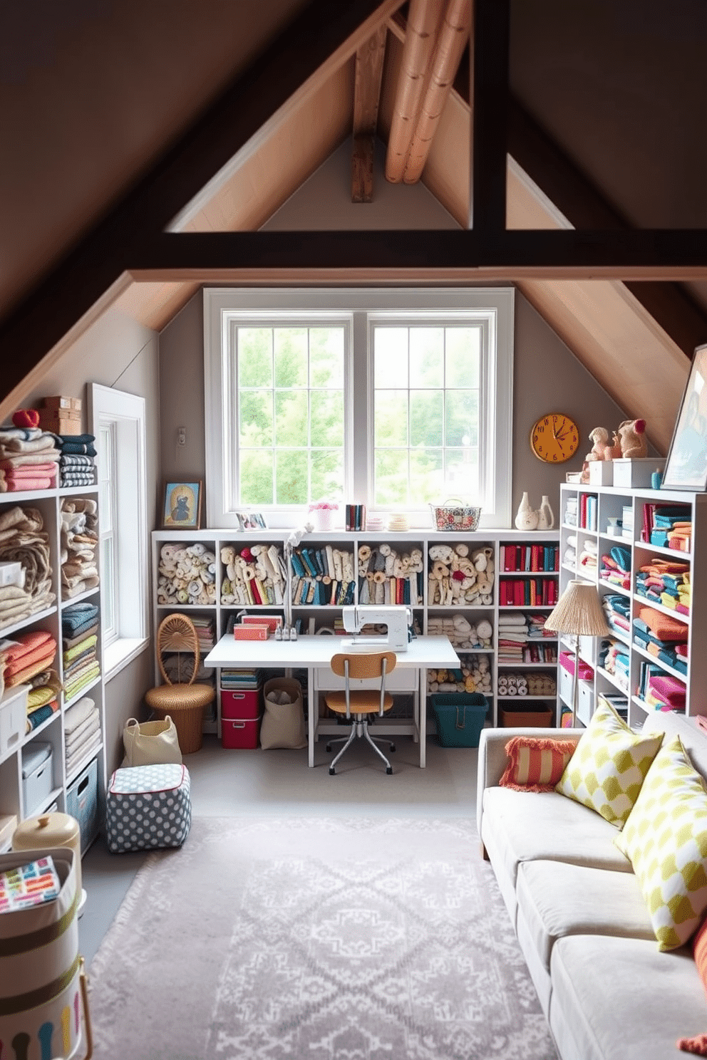 Bright sewing room with organized supplies. The room features large windows that let in natural light, illuminating neatly arranged fabric bolts and colorful spools of thread on shelves. Fun attic room design ideas. The space is transformed with whimsical decor, cozy seating, and playful patterns, creating an inviting atmosphere perfect for relaxation and creativity.