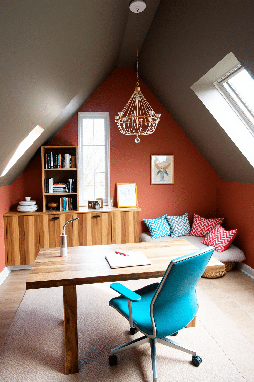 A chic home office with sloped ceilings features a sleek desk made of reclaimed wood, paired with an ergonomic chair in a vibrant color. Large windows allow natural light to flood the space, highlighting the minimalist shelving filled with books and decorative items. For a fun attic room design, imagine a cozy reading nook nestled under the eaves, complete with plush cushions and a whimsical chandelier. Brightly colored walls and playful artwork create an inviting atmosphere that sparks creativity and relaxation.