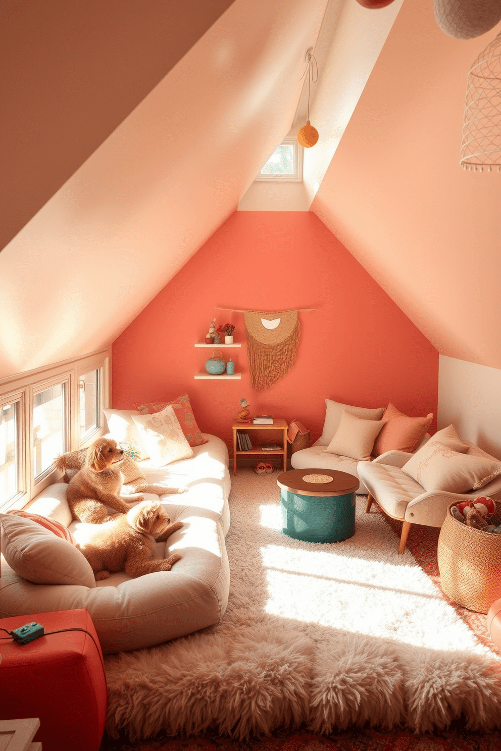 Unique pet retreat with cozy spaces. This retreat features a dedicated area with plush bedding, surrounded by soft, warm colors and natural light streaming through large windows. Fun Attic Room Design Ideas. The attic is transformed into a playful space with vibrant colors, whimsical decor, and comfortable seating areas that encourage relaxation and creativity.