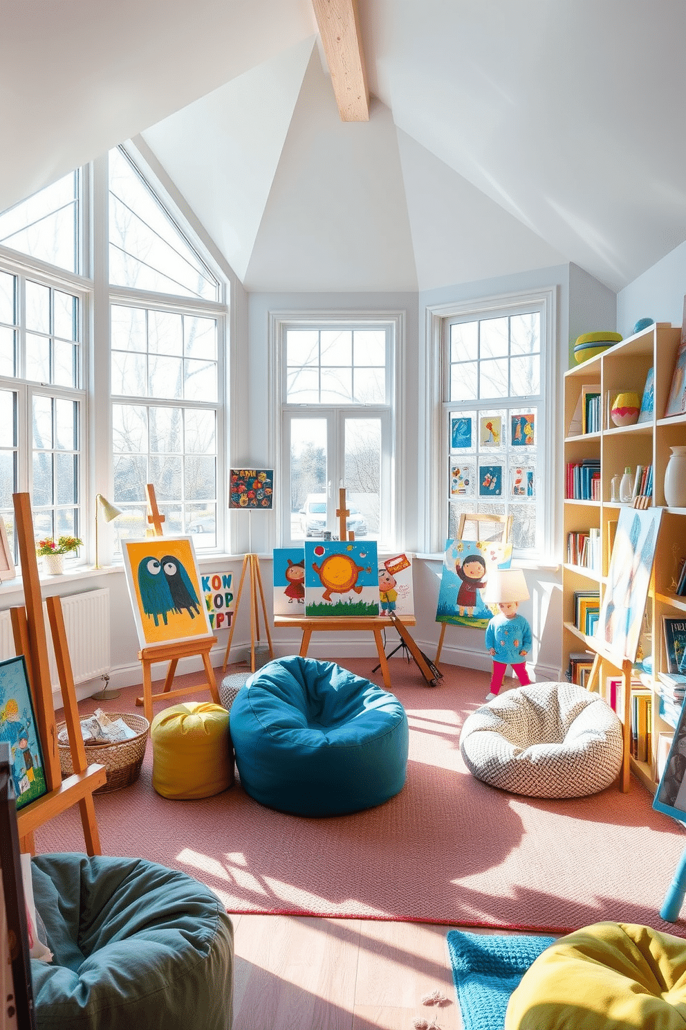 Art studio with ample natural light. Large windows allow sunlight to flood the space, illuminating the wooden easels and vibrant canvases scattered throughout the room. The walls are adorned with colorful artwork, and a cozy seating area with plush cushions invites creativity. Shelves filled with art supplies and books line the walls, adding to the inviting atmosphere. Fun attic room design ideas. A playful color palette of bright blues and yellows creates a cheerful ambiance in the space. Comfy bean bags and a small reading nook with whimsical decor make it a perfect retreat for relaxation and creativity.