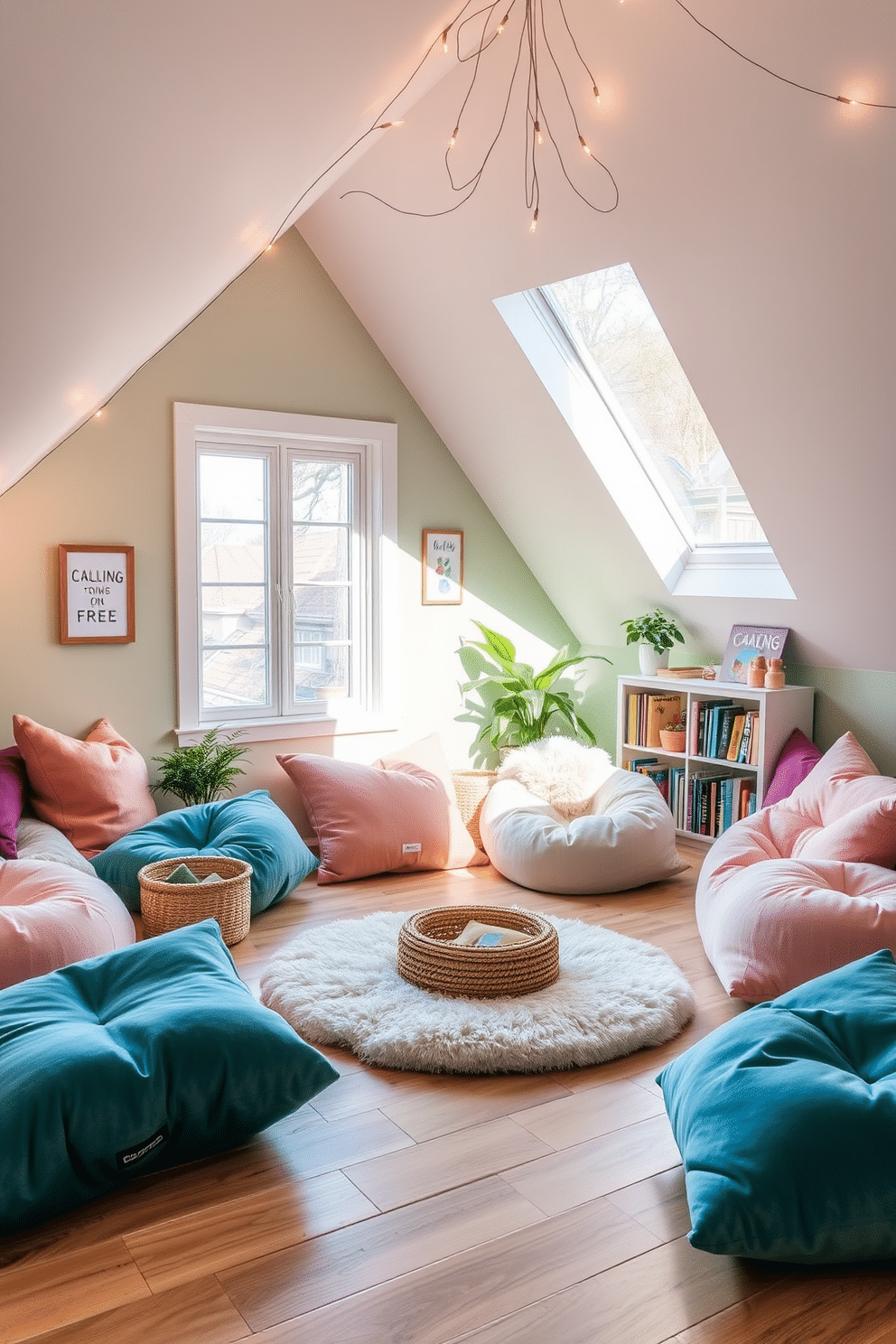 A calming meditation corner featuring an array of soft, plush cushions in various pastel colors, arranged on a natural wood floor. A large window allows gentle sunlight to filter in, illuminating a small indoor plant and a woven basket filled with calming essentials. A whimsical attic room designed for fun and creativity, showcasing a cozy reading nook with colorful bean bags and a small bookshelf filled with children's literature. The walls are painted in bright hues, adorned with playful artwork, and fairy lights hang from the sloped ceiling, creating a magical atmosphere.