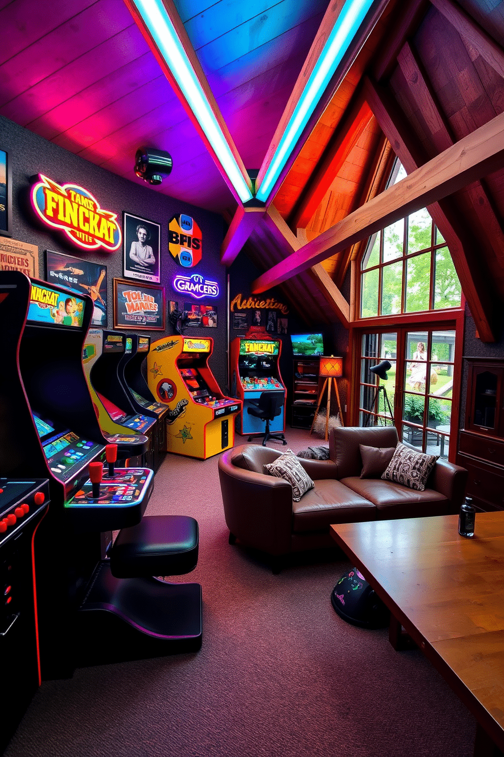 A vibrant game room filled with retro arcade machines, featuring colorful neon lights that illuminate the space. The walls are adorned with vintage posters and the floor is covered with a soft, patterned carpet for comfort during long gaming sessions. An inviting attic room designed for relaxation and creativity, with cozy seating areas and large windows that let in natural light. The decor includes a mix of rustic wooden beams and modern furnishings, creating a harmonious blend of styles.