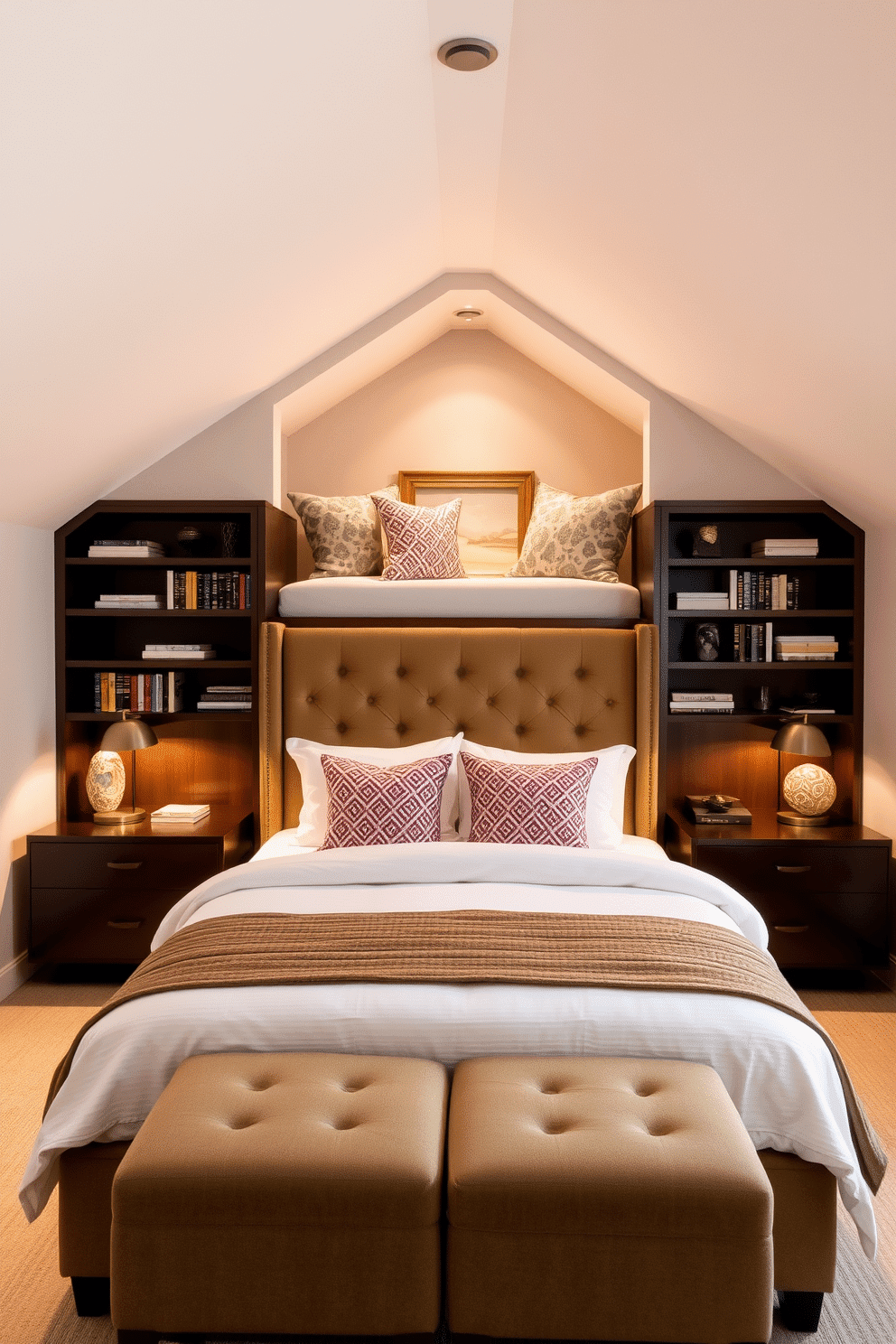 Stylish guest bedroom with built-in shelves. The room features a plush queen-sized bed with a tufted headboard, flanked by modern bedside tables with stylish lamps. The built-in shelves are elegantly designed, showcasing a collection of books and decorative items. Soft, neutral tones dominate the color palette, creating a warm and inviting atmosphere. Fun attic room design ideas. The space is transformed with vibrant colors and playful patterns, featuring a cozy reading nook with oversized cushions. Unique storage solutions are integrated into the sloped ceilings, maximizing space while maintaining a whimsical charm.