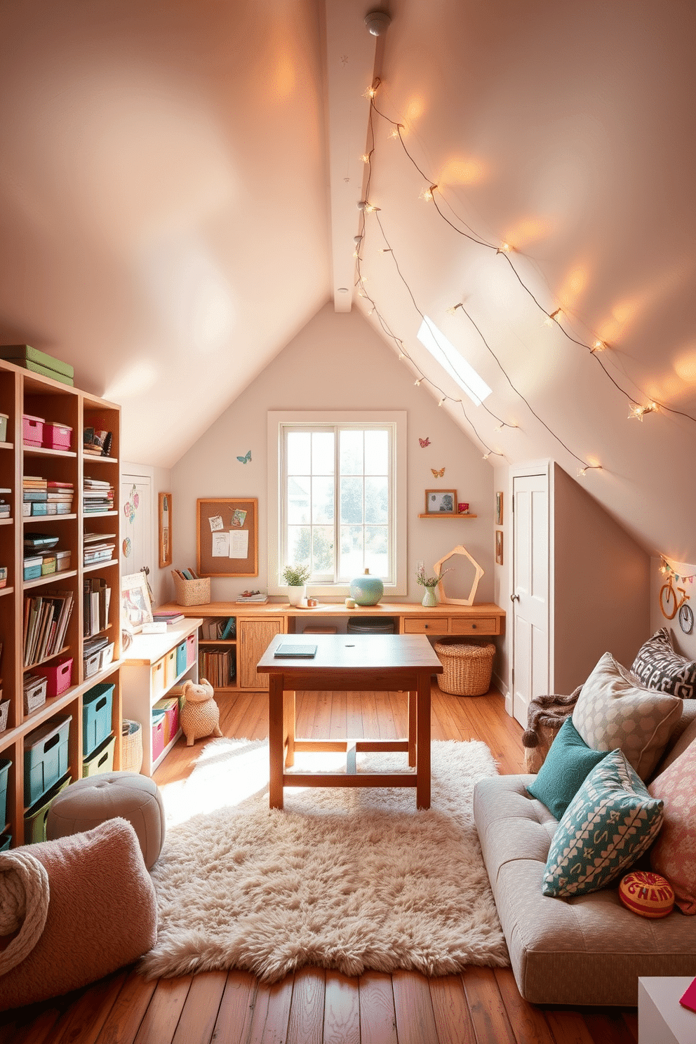 A creative craft space with organized storage features a large wooden worktable in the center, surrounded by colorful shelves filled with neatly arranged supplies. Natural light streams in through a large window, illuminating a cozy nook with a comfortable chair and a bulletin board for inspiration. For a fun attic room design, envision a whimsical retreat with sloped ceilings painted in soft pastels and playful wall decals. A plush area rug anchors a seating area filled with oversized cushions, while fairy lights twinkle along the beams, creating a magical atmosphere.