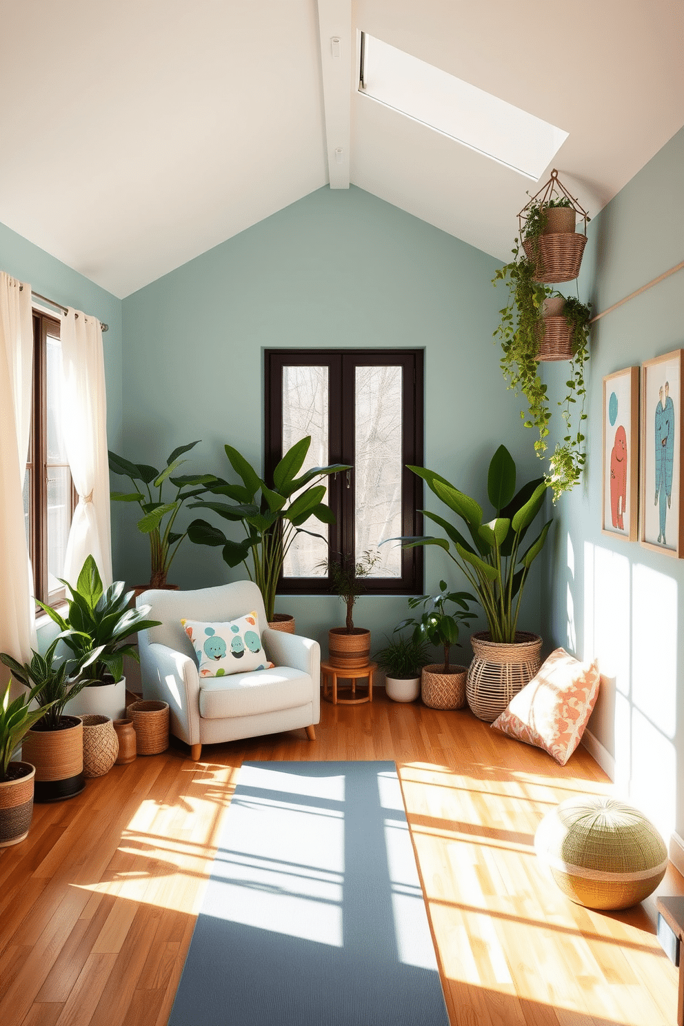 A bright yoga studio bathed in natural light features calming colors like soft blues and greens. The space is adorned with bamboo flooring, large windows with sheer curtains, and an array of potted plants to enhance tranquility. An inviting attic room design combines cozy furnishings with playful decor. Soft, warm lighting illuminates a reading nook with a plush chair, while whimsical artwork and colorful throw pillows add a touch of personality.