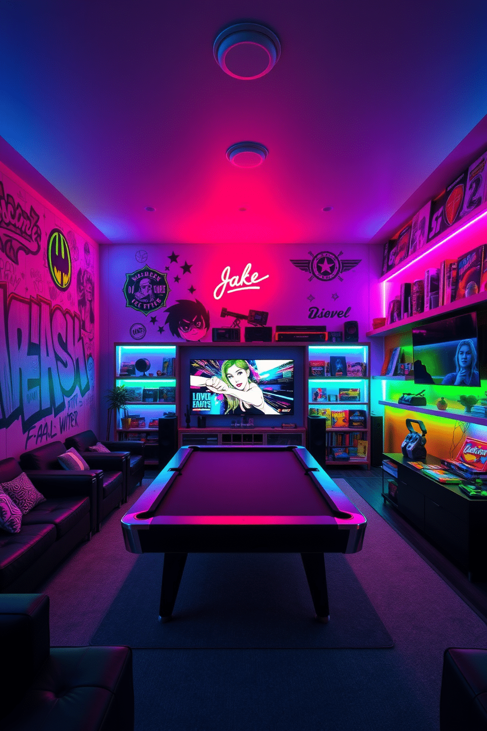 A vibrant game room filled with energy, featuring neon lights in various colors illuminating the space. The walls are adorned with graffiti-style art, and a sleek pool table takes center stage, surrounded by comfortable lounge seating. A multi-functional entertainment area with a large screen for gaming and movie nights. Colorful LED strips outline the shelves filled with board games and collectibles, creating an inviting atmosphere for friends and family.