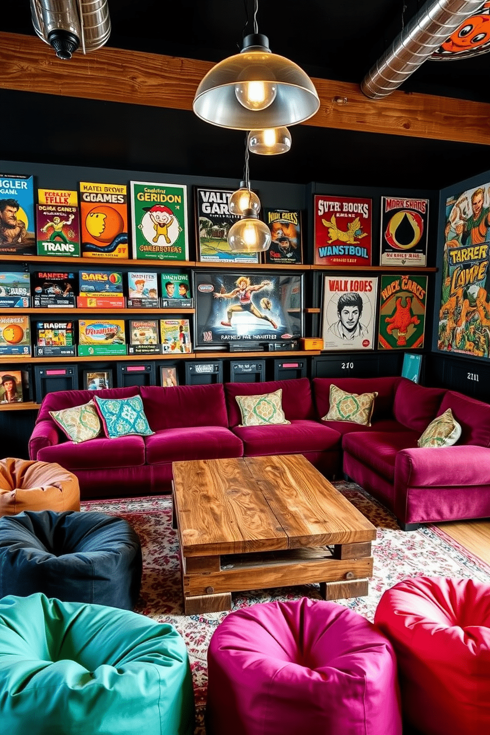 A vibrant game room featuring a vintage game collection displayed on custom-built shelves. The walls are adorned with retro posters, and a cozy seating area includes a plush sectional sofa in rich, deep colors. A large coffee table made from reclaimed wood sits at the center, surrounded by bean bags and ottomans for casual seating. The room is illuminated by playful pendant lights, creating a warm and inviting atmosphere perfect for game nights.