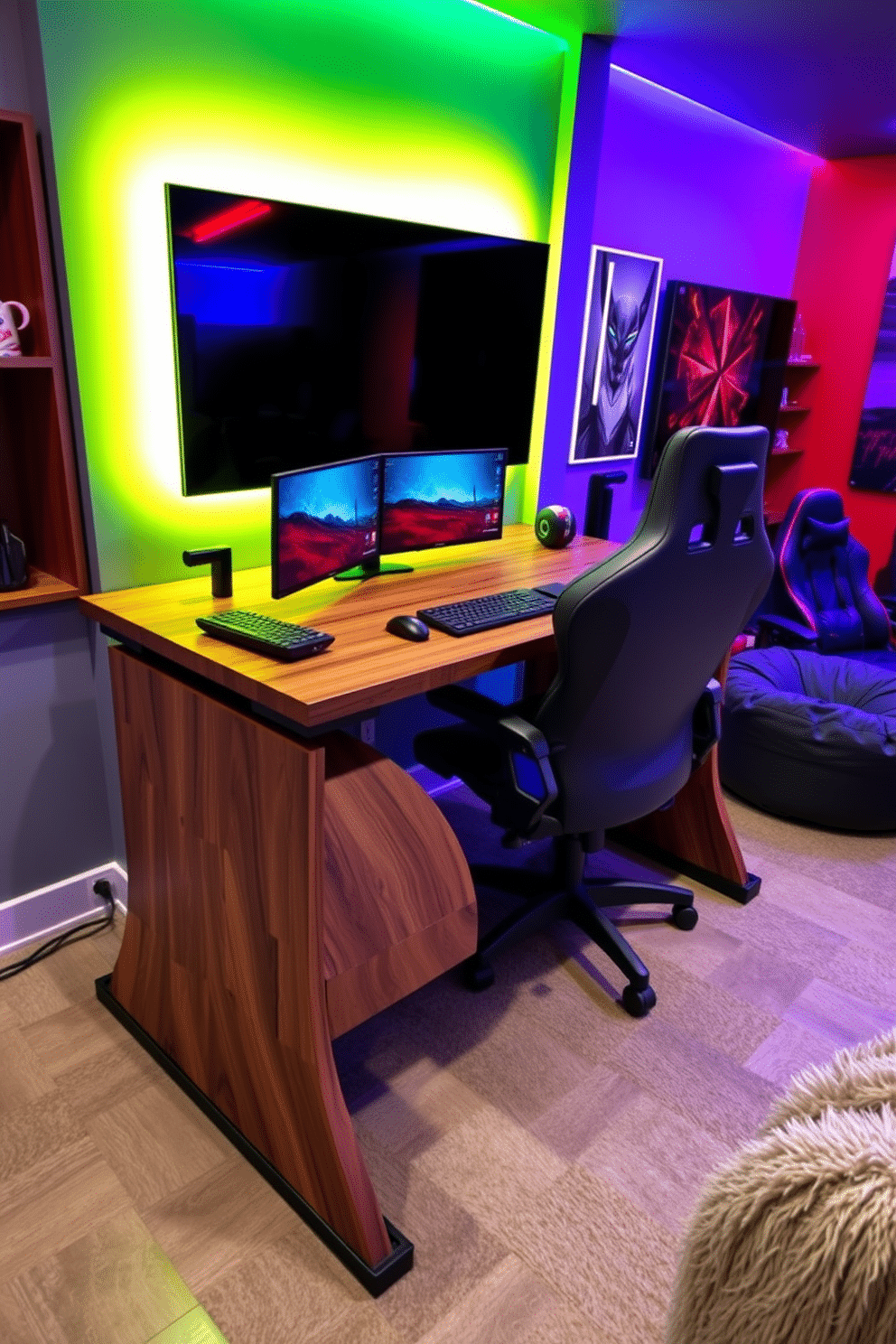 A custom gaming desk designed for ergonomic comfort features an adjustable height mechanism, allowing for both sitting and standing positions. The surface is made of high-quality wood with a sleek finish, complemented by built-in cable management systems to keep the workspace tidy. The game room design includes vibrant wall colors and dynamic lighting to enhance the gaming experience. Plush seating arrangements, such as bean bags and gaming chairs, are strategically placed around a large screen, creating an inviting atmosphere for both gaming and relaxation.