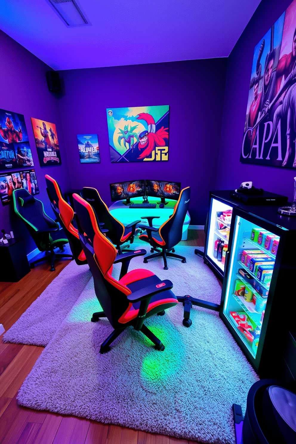 A vibrant game room featuring multiple gaming chairs with adjustable features, each designed for maximum comfort and support. The walls are adorned with colorful posters of popular video games, and the floor is covered with a plush area rug that adds warmth to the space. In one corner, a sleek gaming desk holds multiple monitors, while LED strip lights illuminate the room in dynamic colors. A mini-fridge stocked with snacks and drinks is conveniently placed nearby, ensuring gamers have everything they need for an immersive experience.