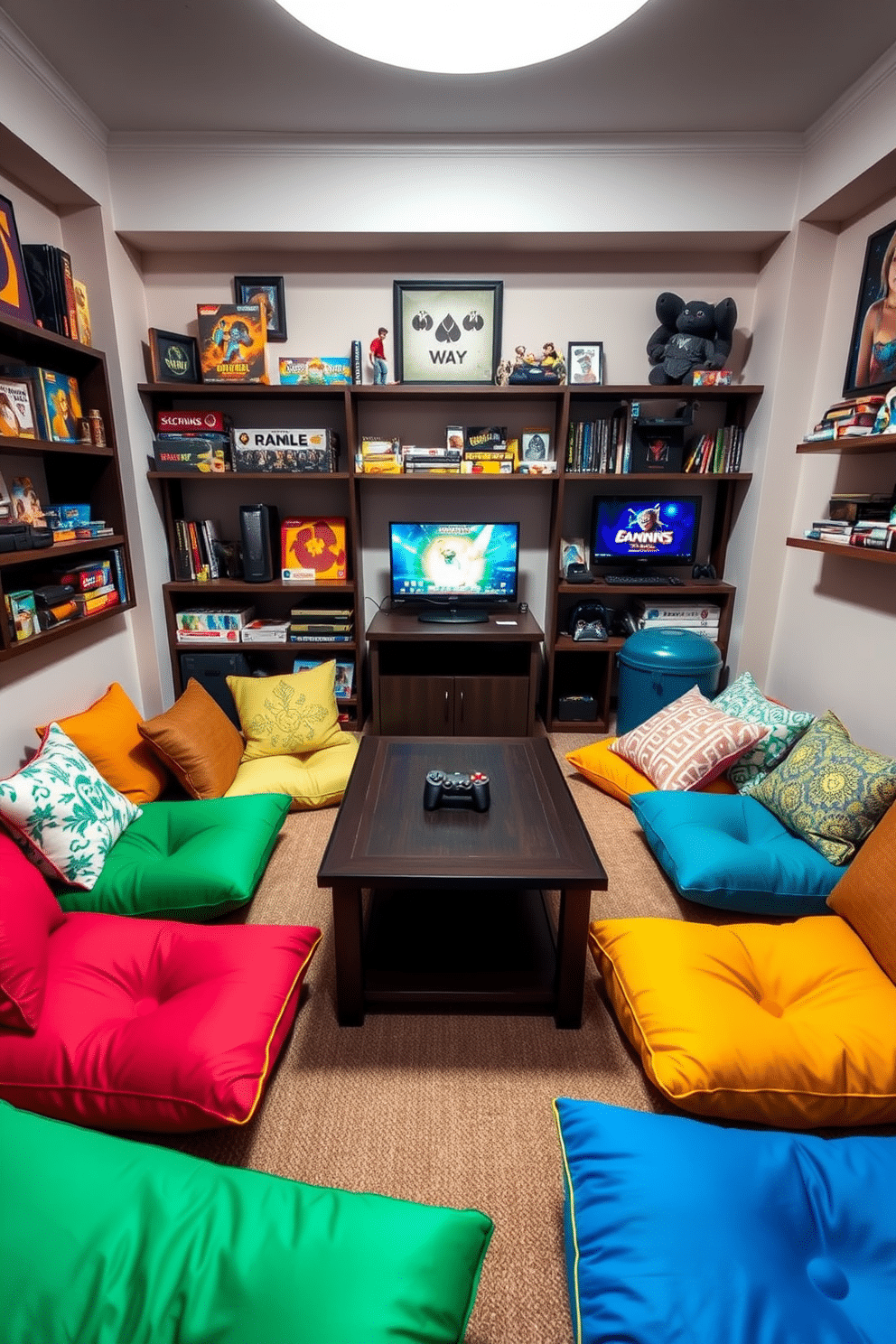 A cozy game room designed for casual gaming sessions features vibrant floor cushions scattered around a low coffee table. The cushions are in various bright colors and patterns, inviting friends to lounge comfortably while enjoying games together. The walls are adorned with playful artwork and shelves filled with board games and gaming consoles. Soft lighting creates a relaxed atmosphere, perfect for long hours of fun and entertainment.