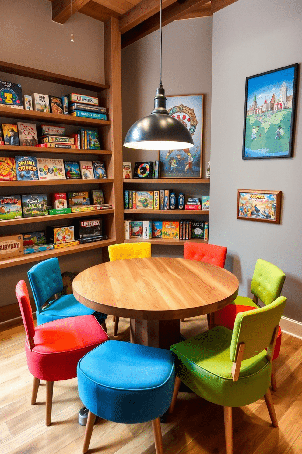 A cozy board game corner designed for tabletop fun features a large, round wooden table surrounded by comfortable upholstered chairs in vibrant colors. On the walls, shelves are filled with an assortment of board games and colorful artwork depicting classic game scenes, creating an inviting and playful atmosphere. The flooring is a warm, natural wood that complements the rustic charm of the space. Soft lighting from a stylish pendant lamp above the table enhances the cozy vibe, making it the perfect spot for family game nights and gatherings with friends.